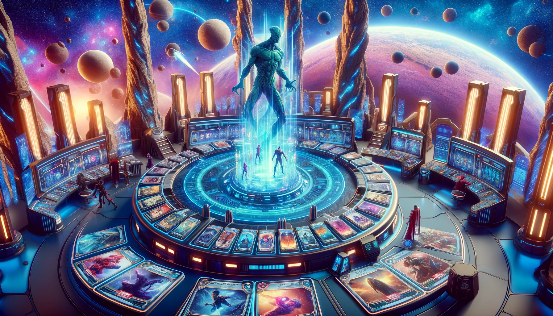 A dynamic illustration of Marvel Snap deck-building in a fantastical setting, featuring a holographic model, interactive cards, and live characters within a cosmic-themed laboratory. This scene merges advanced technology with strategic gameplay elements, enhanced by a subtle inclusion of a columnar rock formation.