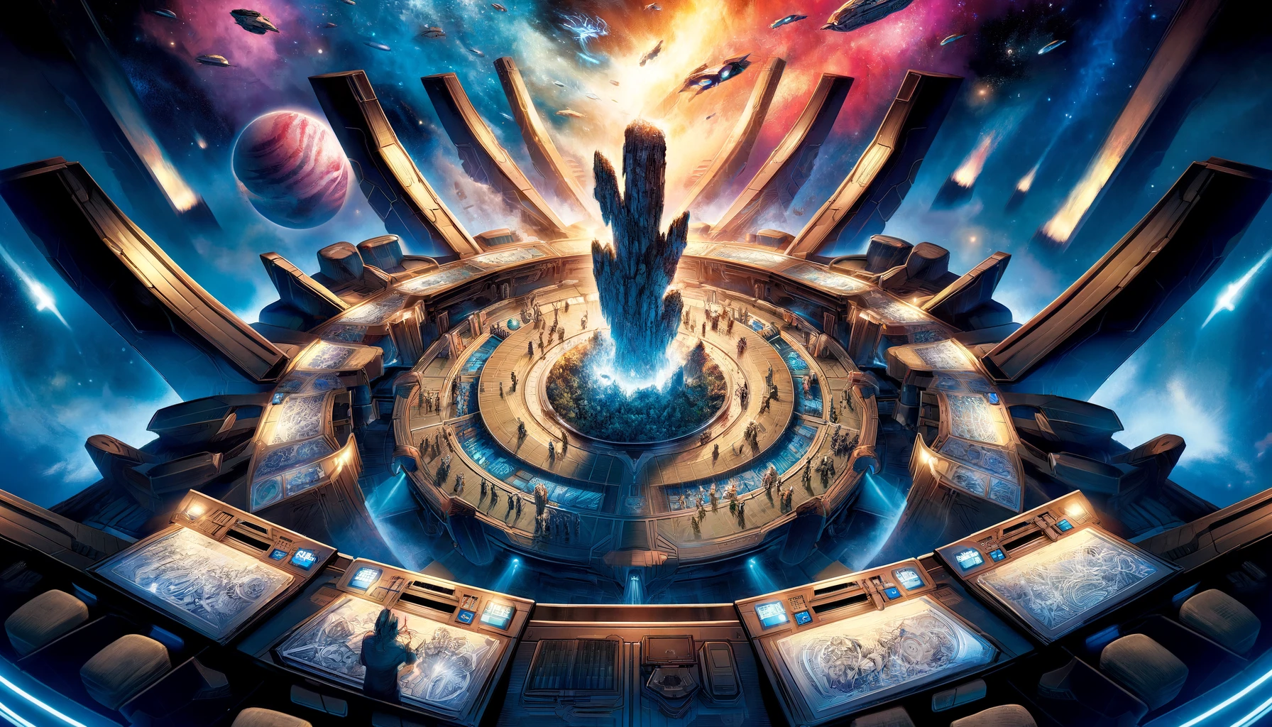 Captivating conclusion to Marvel Snap's deck-building theme, featuring a panoramic view of a futuristic command center. Players are deeply engaged in strategic gameplay, surrounded by cosmic elements and advanced technology, anchored by a majestic columnar rock formation symbolizing the game's foundation.