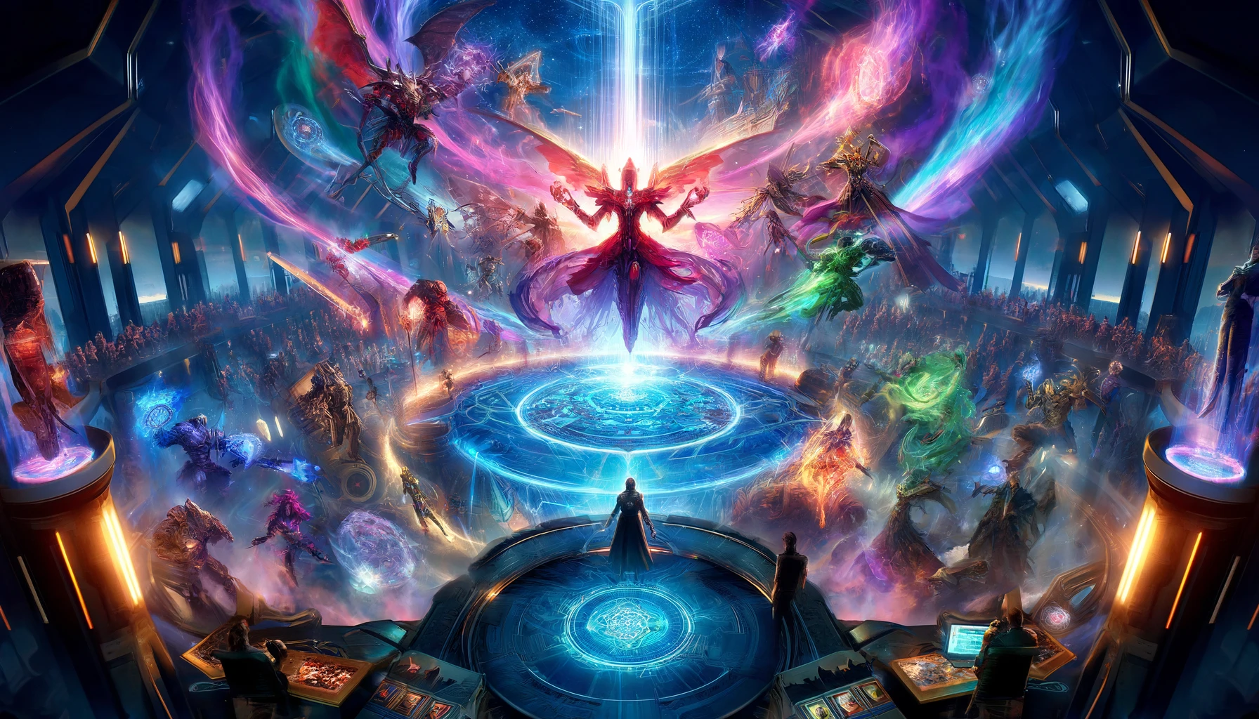 A wide-format image of a futuristic game arena, showing a diverse group of characters engaged in the final moment of a card game, with vibrant energy and color highlighting the intense, strategic actions and the thrill of the decisive moment.