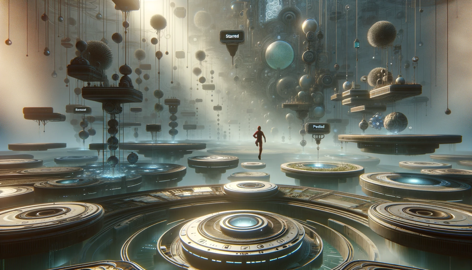 In a mysterious space, platforms float at different heights. The main character leaps from a platform labeled 'Started' to 'Pool 1', surrounded by strange objects and secondary characters in a detailed, fantastical setting.