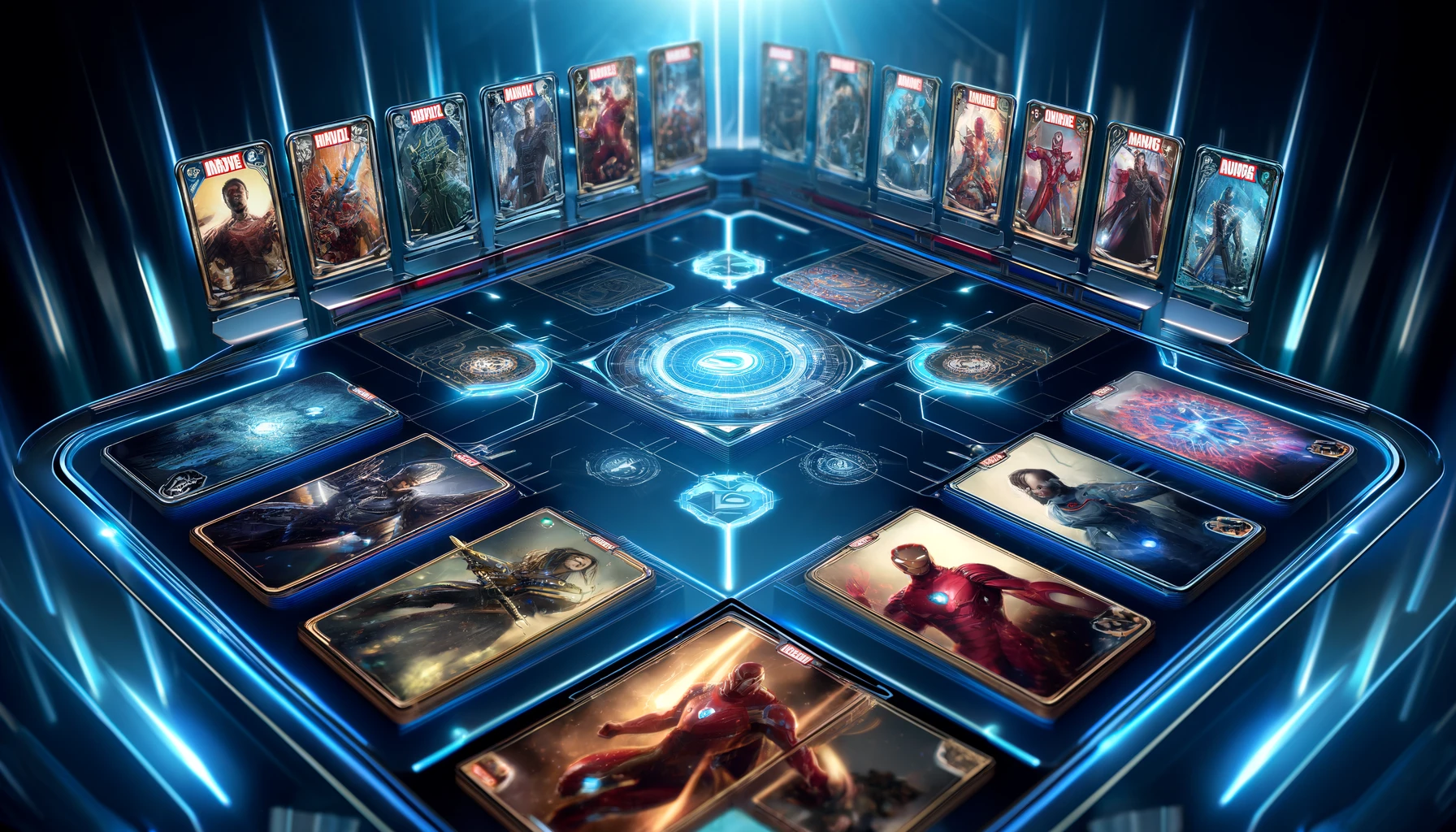 A high-tech, futuristic card game arena showcasing Marvel Snap cards in strategic deck formations.