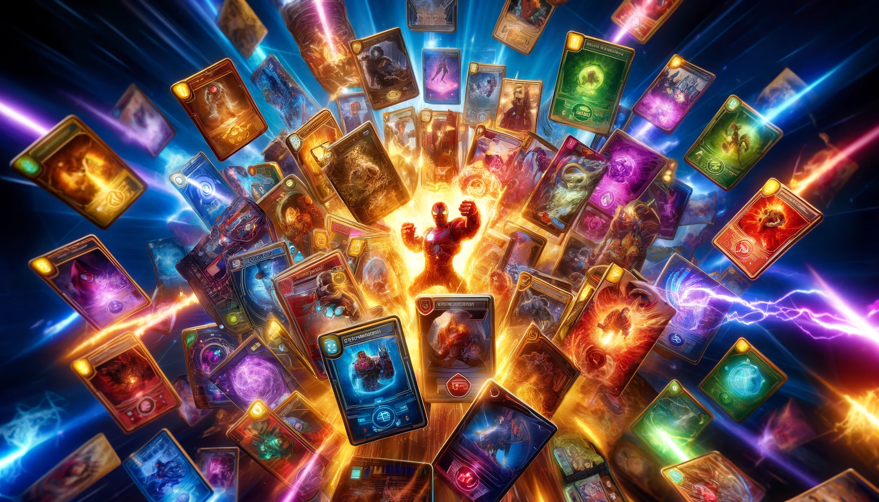 A wide-format image showing Marvel Snap's Card Caches and Reserves. Marvel cards glow with energy as they emerge from treasure-like caches, representing superheroes and villains. Indicators highlight random rewards like rare cards, credits, and resources, illustrating excitement and unpredictability.