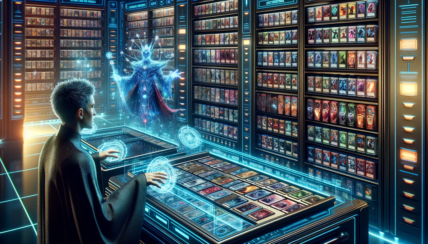 A futuristic card selection hub with an operator managing Marvel Snap cards through holographic interfaces, showcasing a variety of cards in a vibrant, technologically advanced setting.