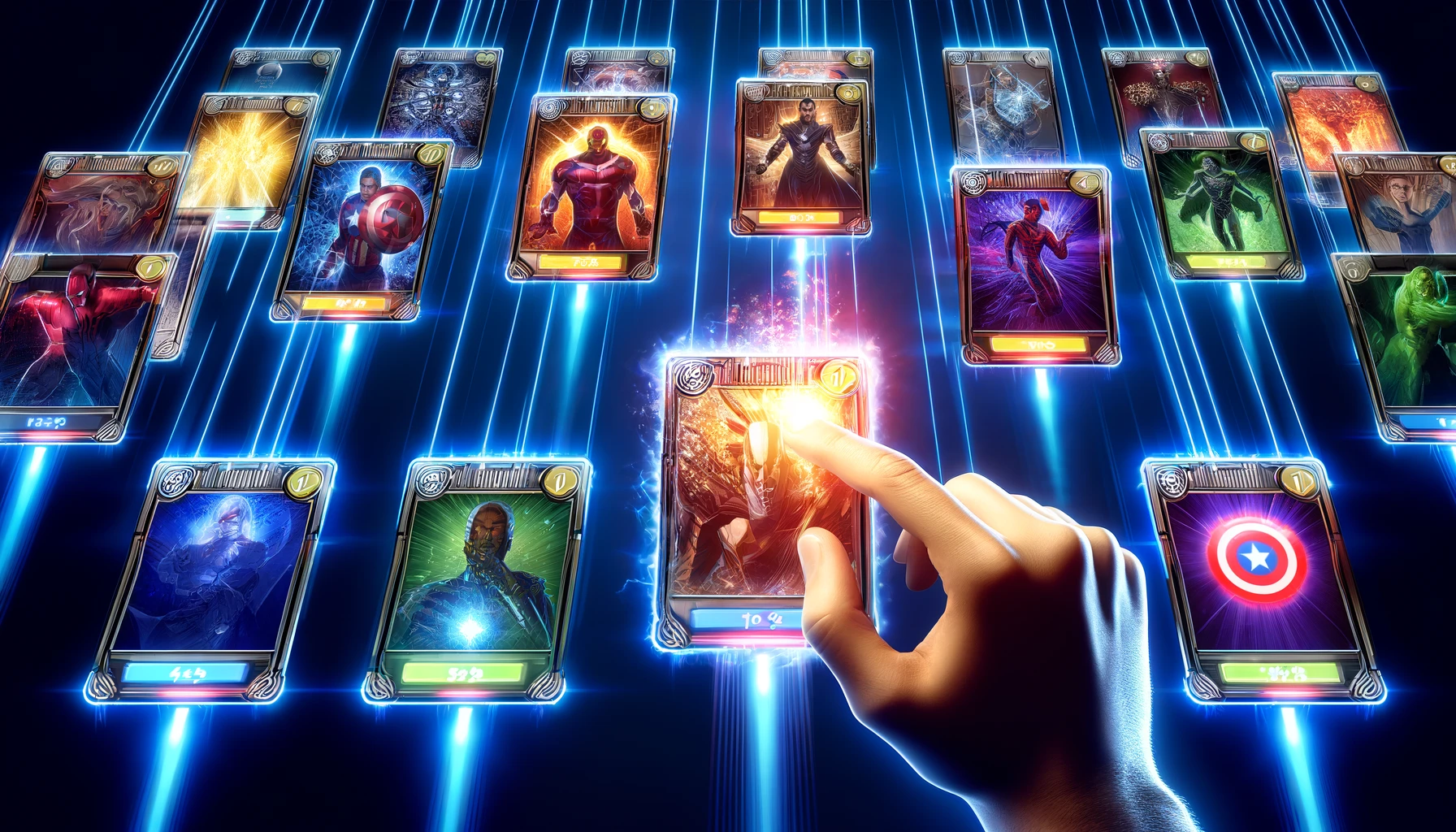 A visually compelling representation of Marvel card upgrades. Cards show progress bars, glowing with power. A hand upgrades a card to improve the deck, with superheroes and villains featured.