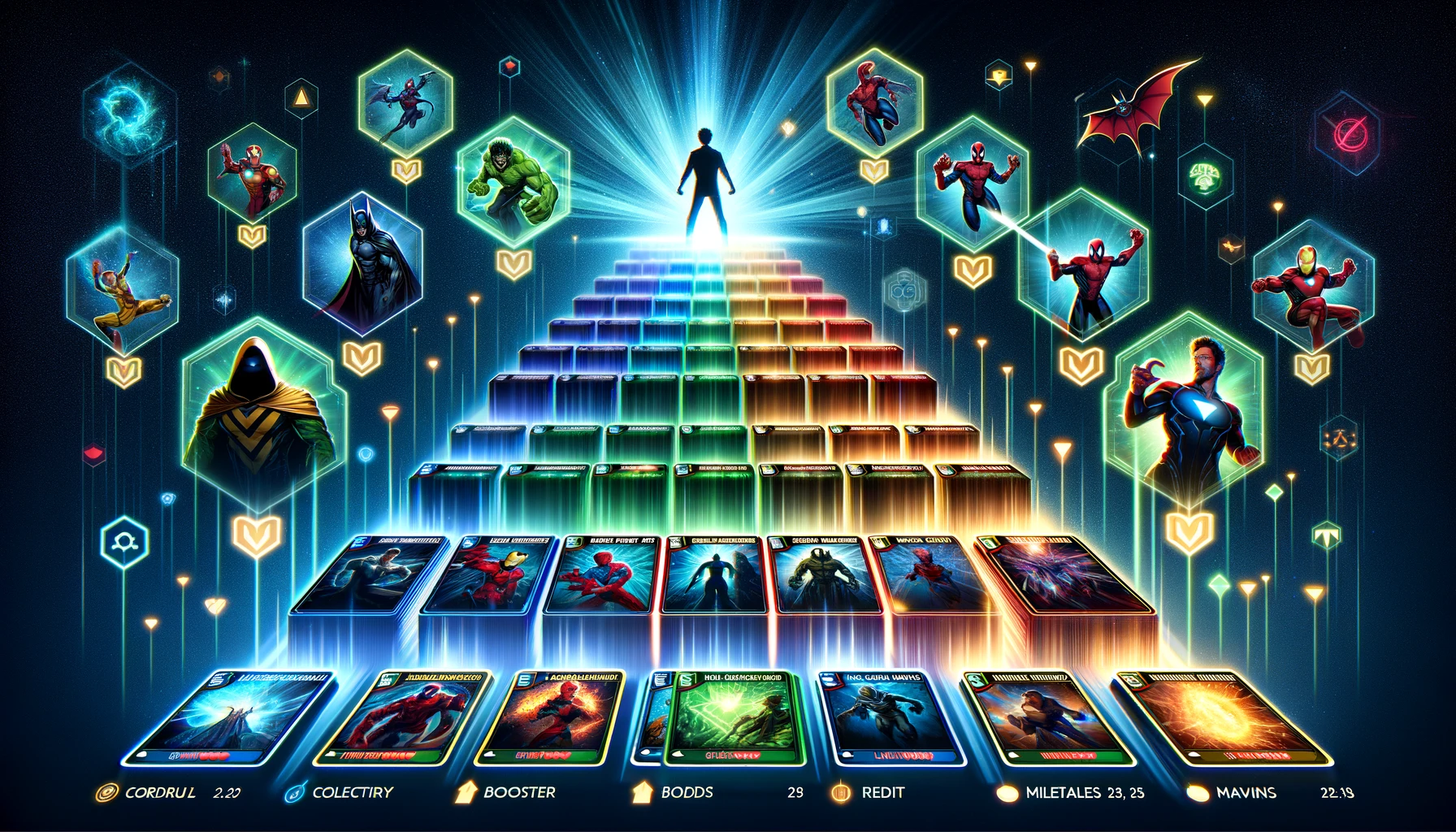 A wide-format image illustrating Marvel Snap's collection level progression. Marvel cards rise through various levels, glowing with energy as they advance. Boosters, credits, and milestones visually symbolize card upgrading with superheroes and villains representing progression stages.