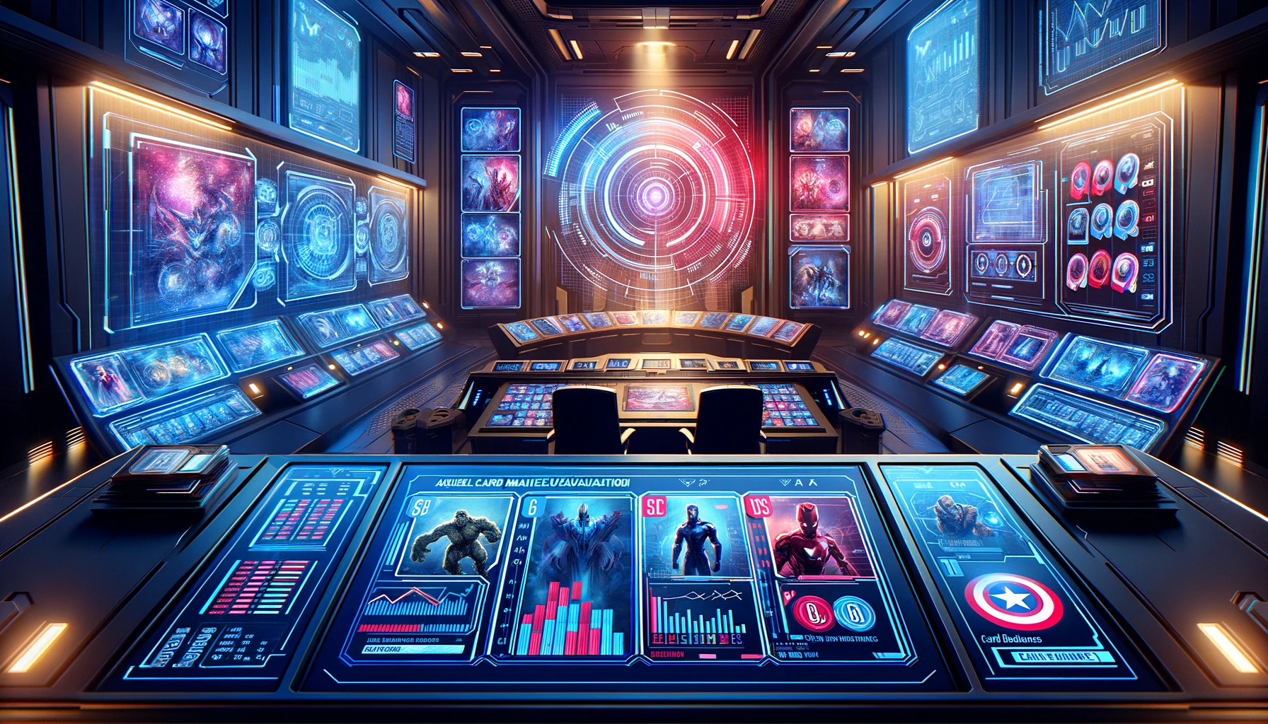 A futuristic strategy room with holographic displays of Marvel Snap cards surrounded by analytics graphs and digital interfaces.