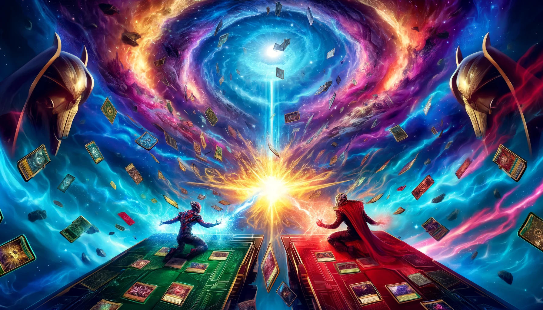 An intense and dynamic illustration of a Marvel Snap match set in a fantastical, otherworldly arena. Two players are depicted in the midst of a strategic battle, with cards swirling around them, emitting bursts of energy. The surreal, cosmic background adds to the high stakes and drama of the game, filled with vibrant colors and energy patterns, capturing the pivotal moment of the match.