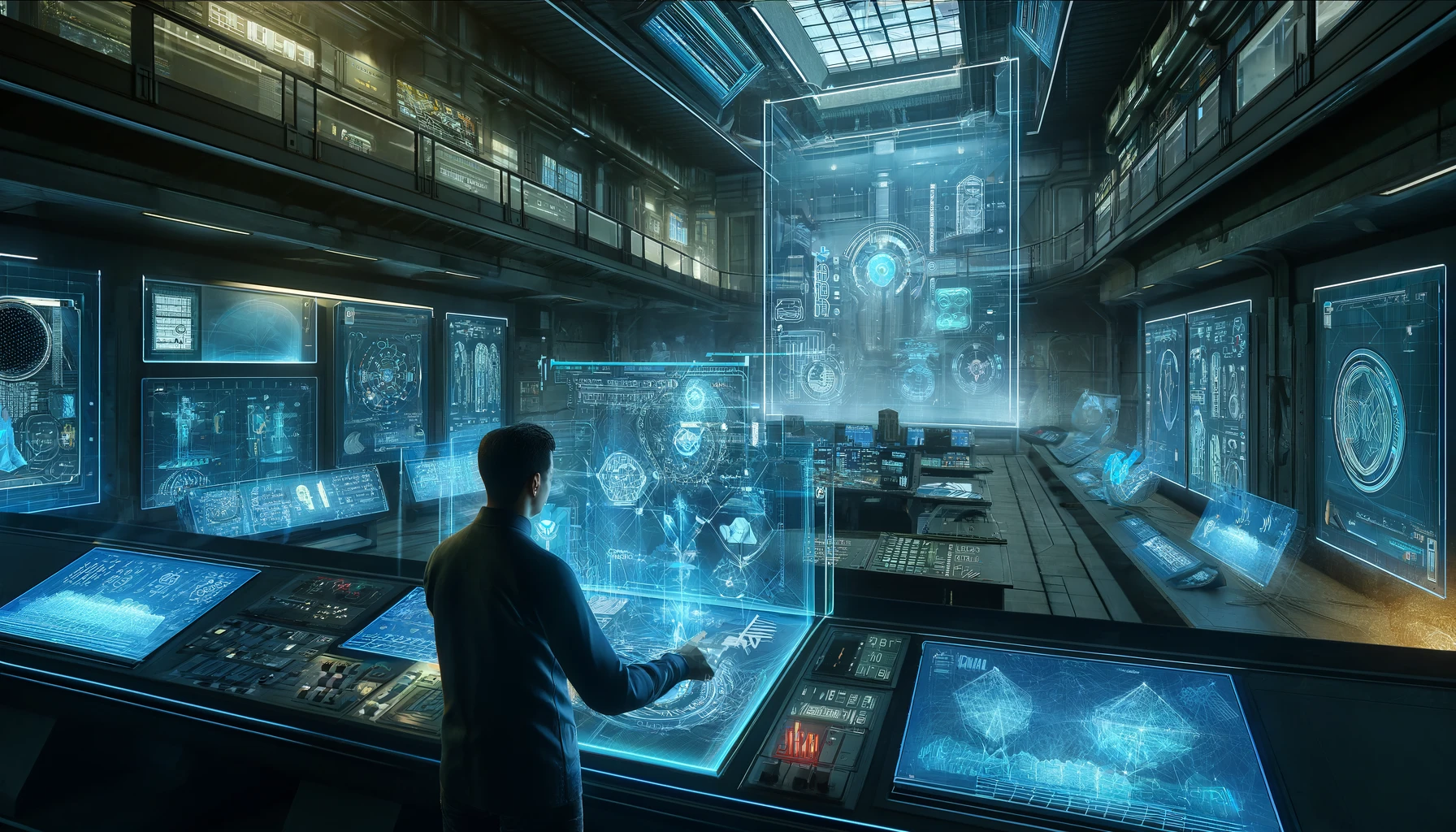An operator in a futuristic control room making a complex decision with interactive holographic displays of Marvel Snap cards.