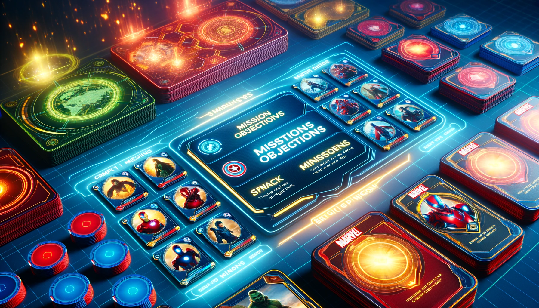 A bright, futuristic display showing Marvel Snap decks and mission objectives, highlighting the synergy between strong deck-building and completing missions.