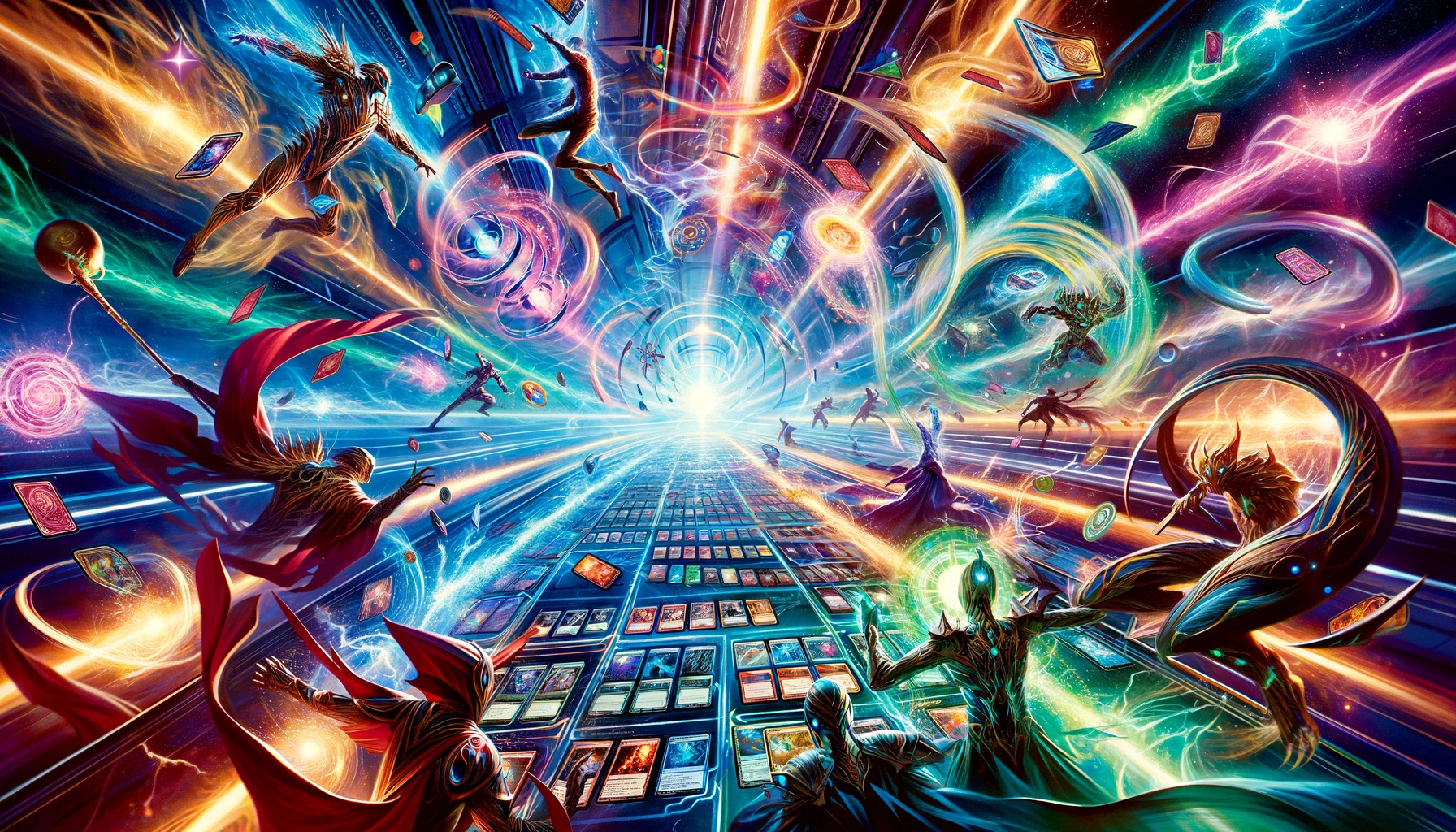 High-energy card game scene in a fantasy Marvel Snap setting, showcasing cards enhanced by Panoptichron’s power amidst glowing auras and energy beams.