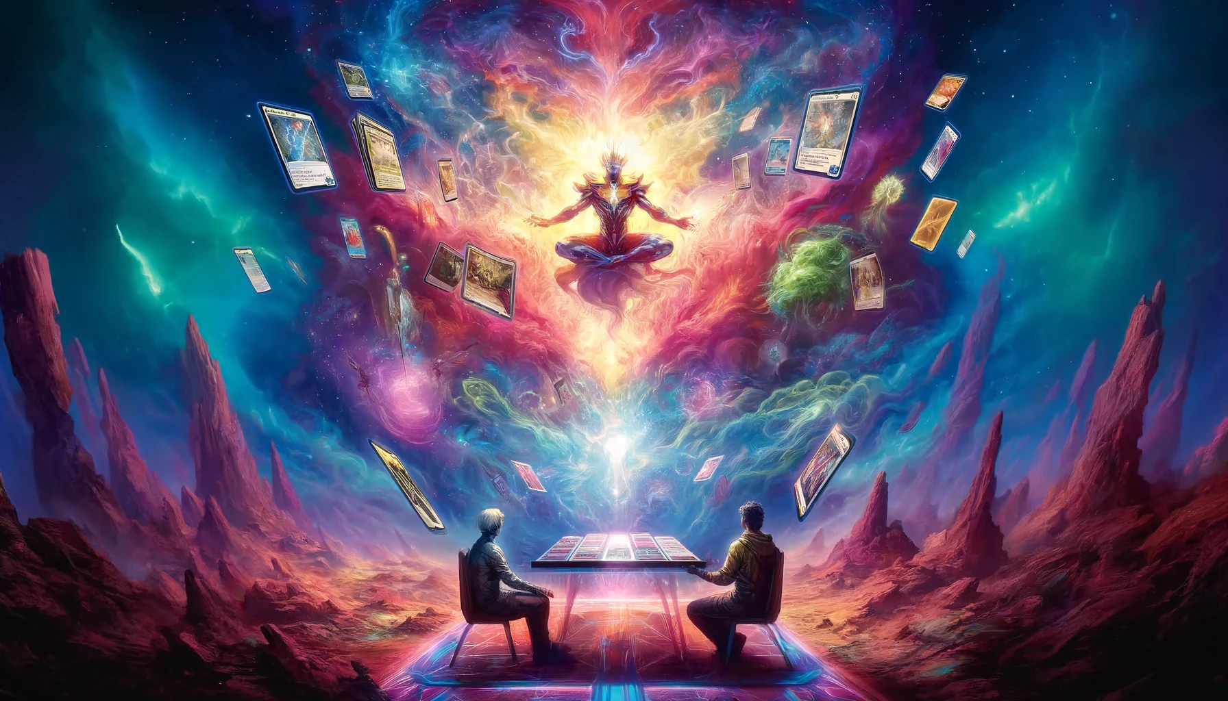 In an ethereal realm, two Marvel Snap players are depicted at the climax of their game, with cards levitating and radiating mystical energy against a surreal celestial-terrestrial backdrop, capturing the game's dramatic and otherworldly essence.