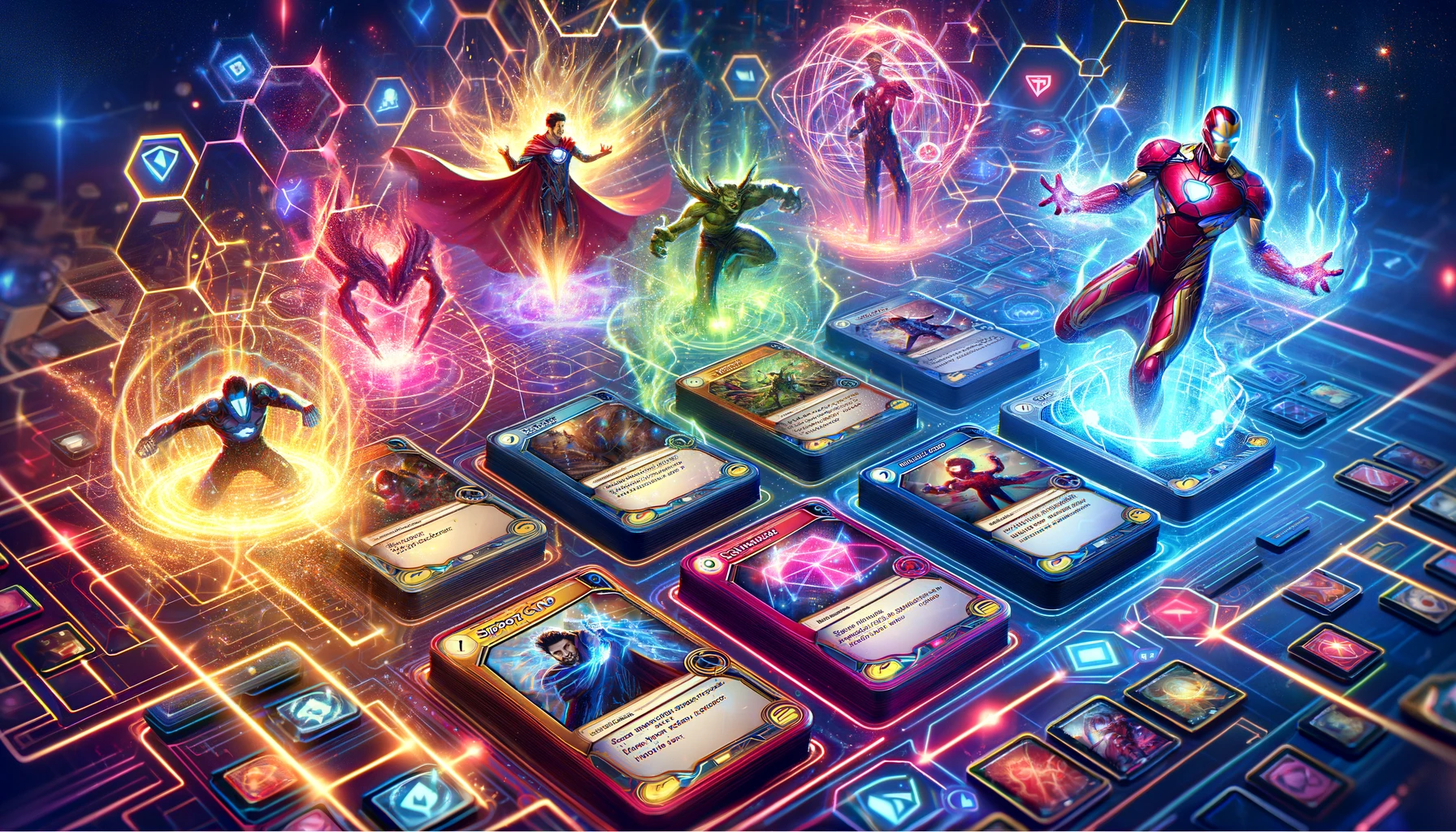 A dynamic game board in Marvel Snap showcasing support cards enhancing other cards' powers with vivid, glowing effects.