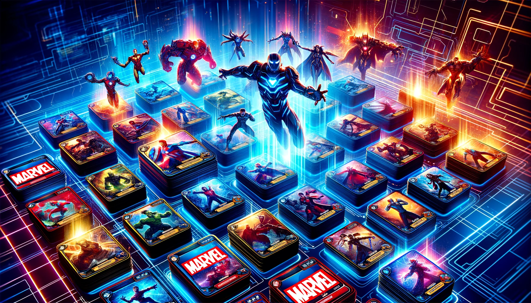A vibrant depiction of the Marvel Snap card game with iconic heroes and villains on glowing cards in strategic deck formations.