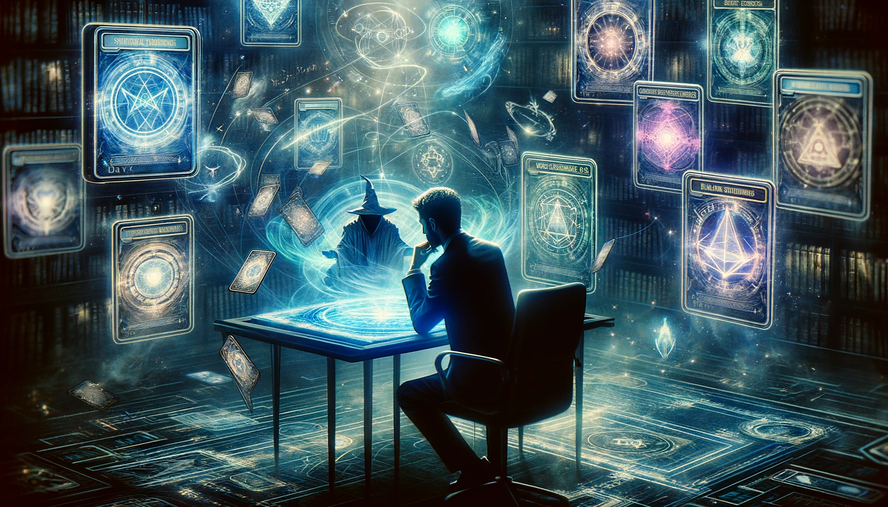 A mystical digital depiction of a strategist playing Marvel Snap, surrounded by holographic cards and arcane symbols, blending ancient magic with futuristic gaming.
