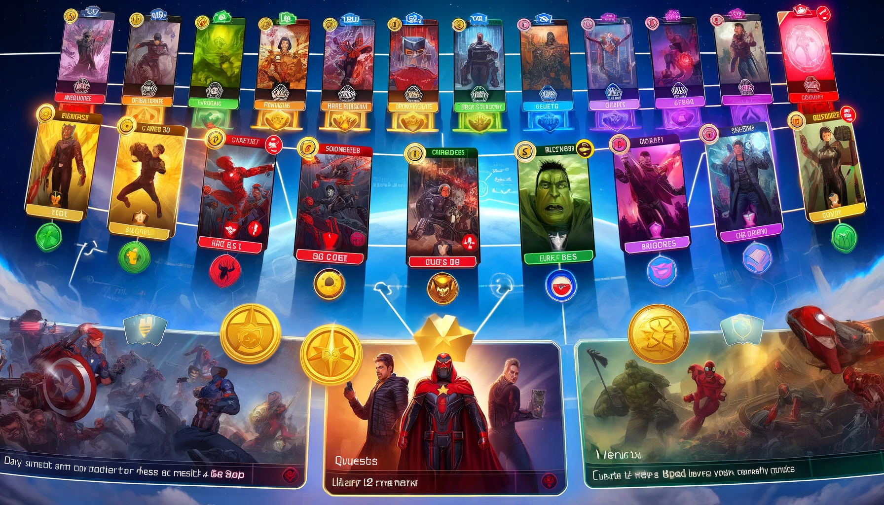 Vibrant Marvel cards are arranged with indicators for daily and weekly quests, credits, gold, and boosters. Superheroes and villains symbolize the rewards earned through challenges. Various missions are in progress, showcasing the strategic benefits for card collection.