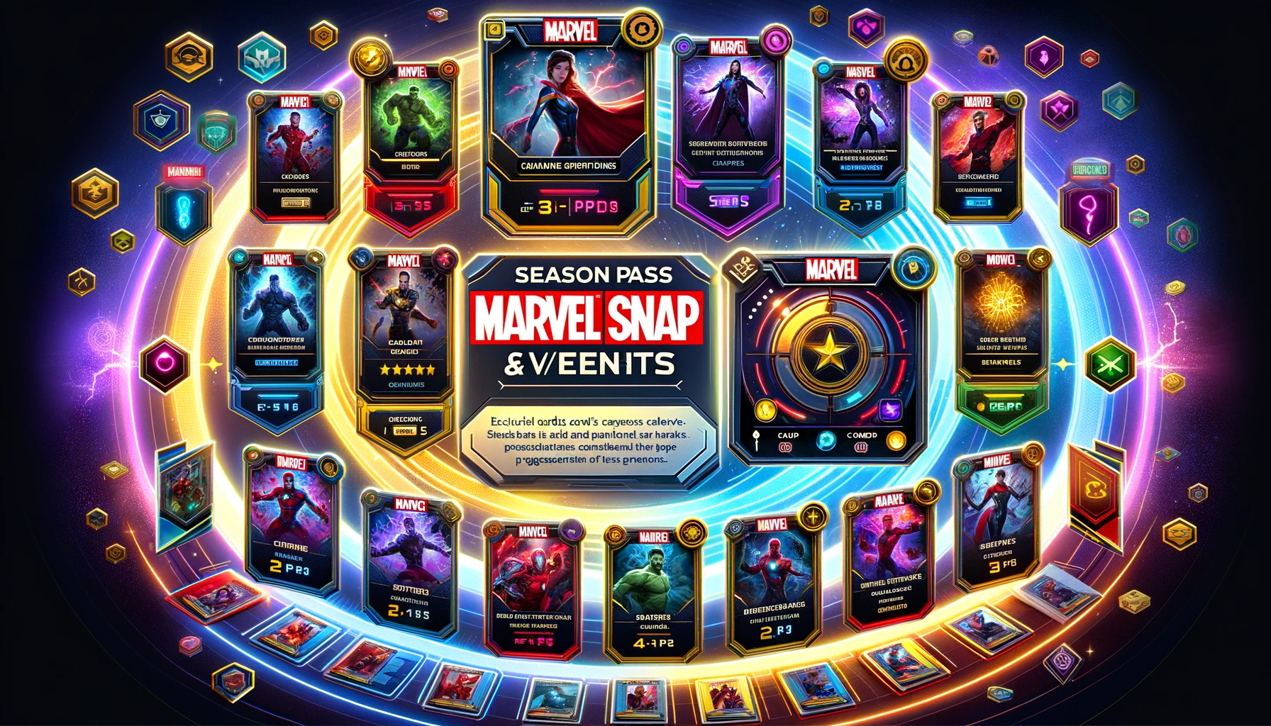 A wide-format image depicting Marvel Snap's Season Pass and events. Colorful Marvel cards glow with power, surrounded by visual elements symbolizing rewards, challenges, and events. Superheroes and villains feature prominently, while indicators for credits, gold, and variants highlight card progression.