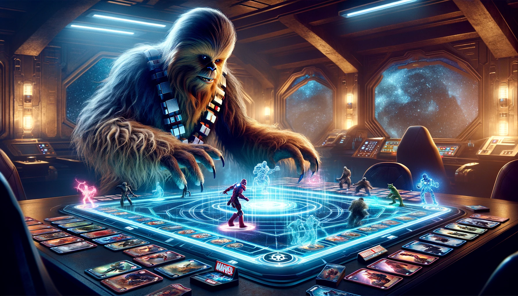 A digital illustration of a Marvel Snap game session featuring a player deeply engrossed in strategic gameplay with superhero cards illuminated by glowing energy.