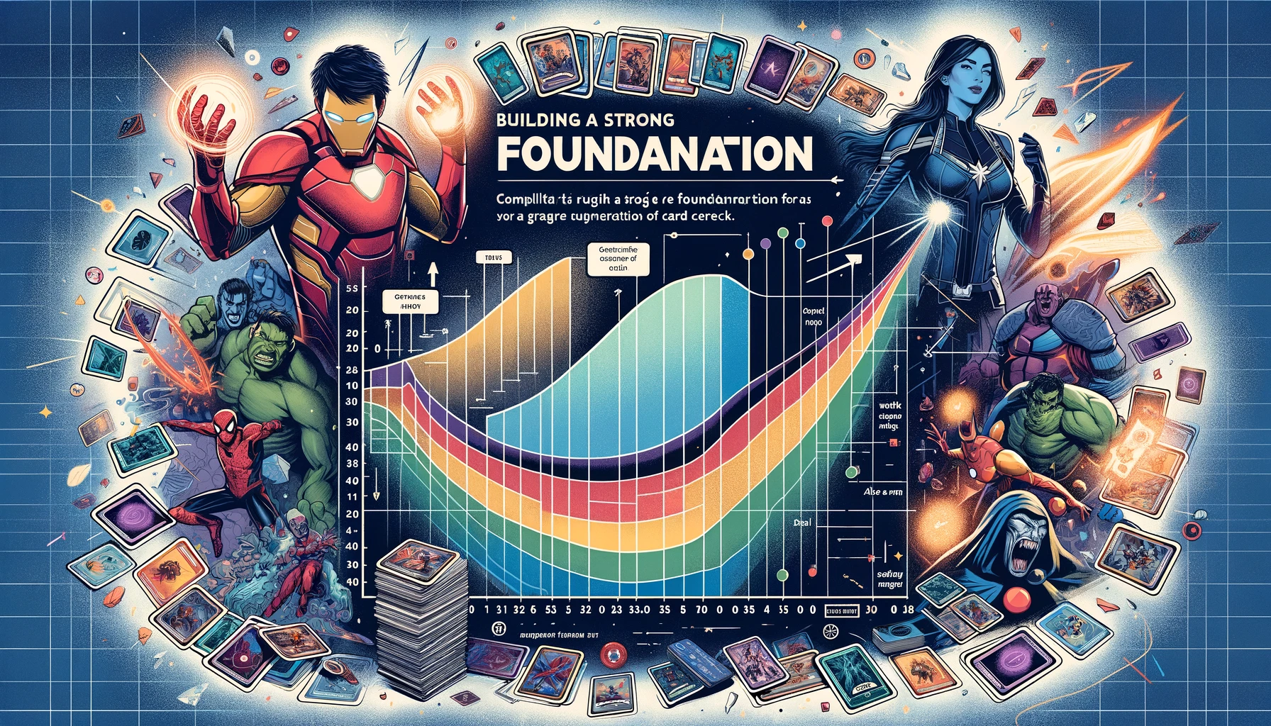 Wide-format illustration for an article section on building a strong foundation in Marvel Snap, featuring an optimal energy curve for a card deck with a graph and chart, complemented by Marvel characters in dynamic poses and vibrant energy effects, set against a background of a strategic game board and Marvel universe elements.