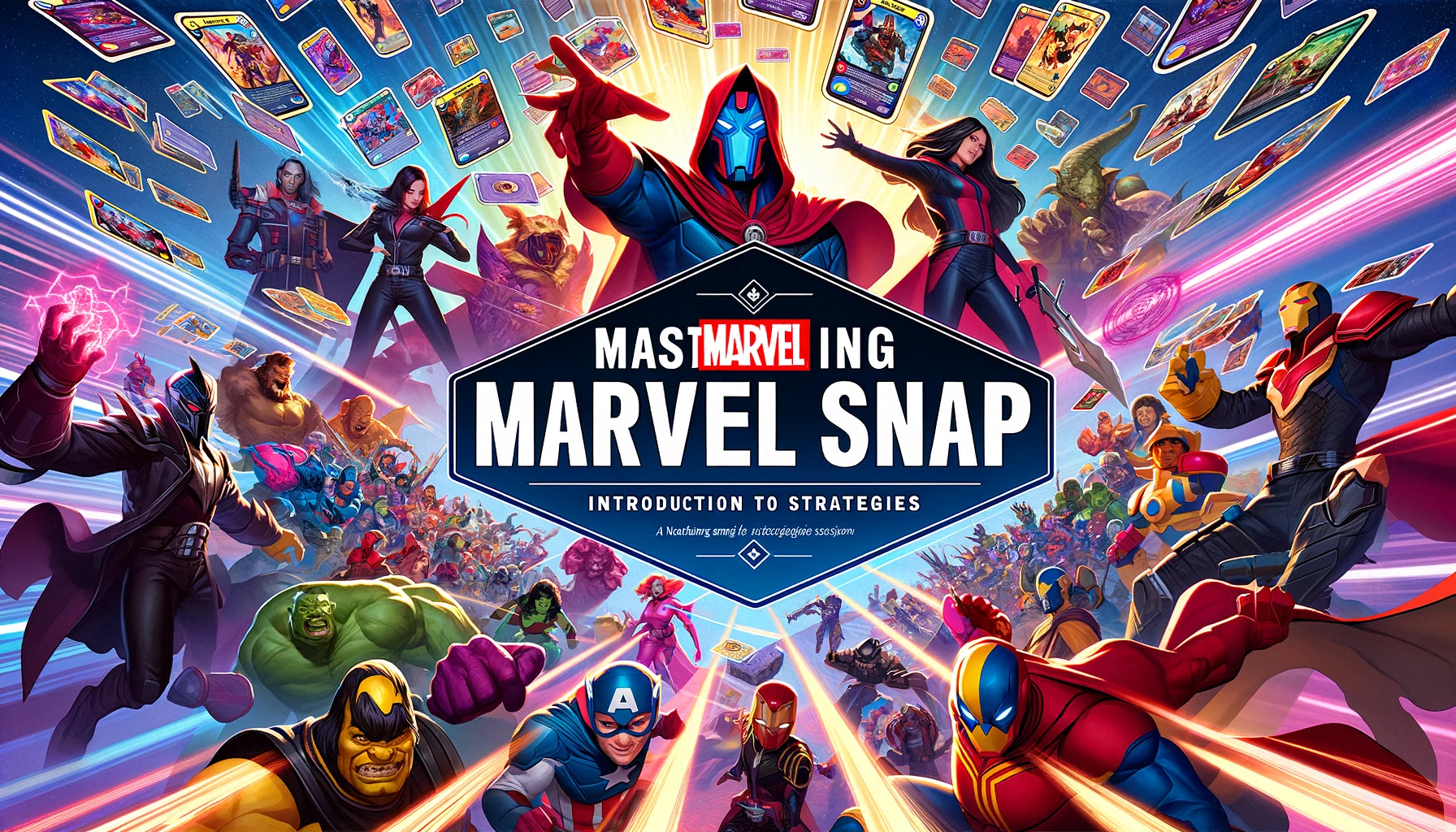 Wide-format illustration for the introductory section of the article series "Mastering Marvel Snap: Introduction to Strategies," featuring Marvel Snap characters in dynamic poses with a background of Marvel Snap card elements and strategic game motifs.