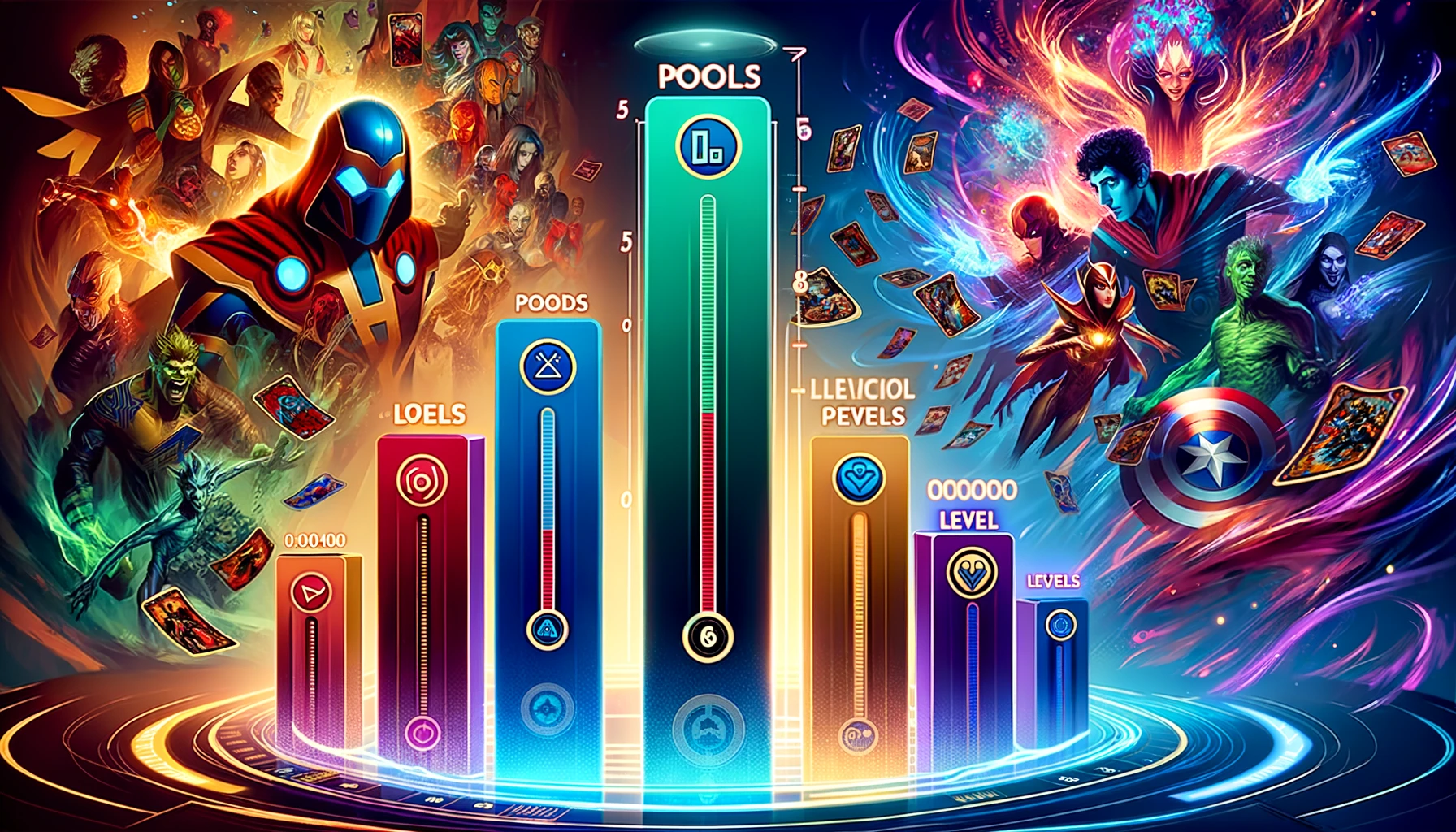 Wide-format illustration depicting the concept of card pools in Marvel Snap, featuring a stylized vertical level scale with icons and symbols representing different card pools at various levels, set against a dynamic and colorful background with Marvel characters and vibrant energy effects.