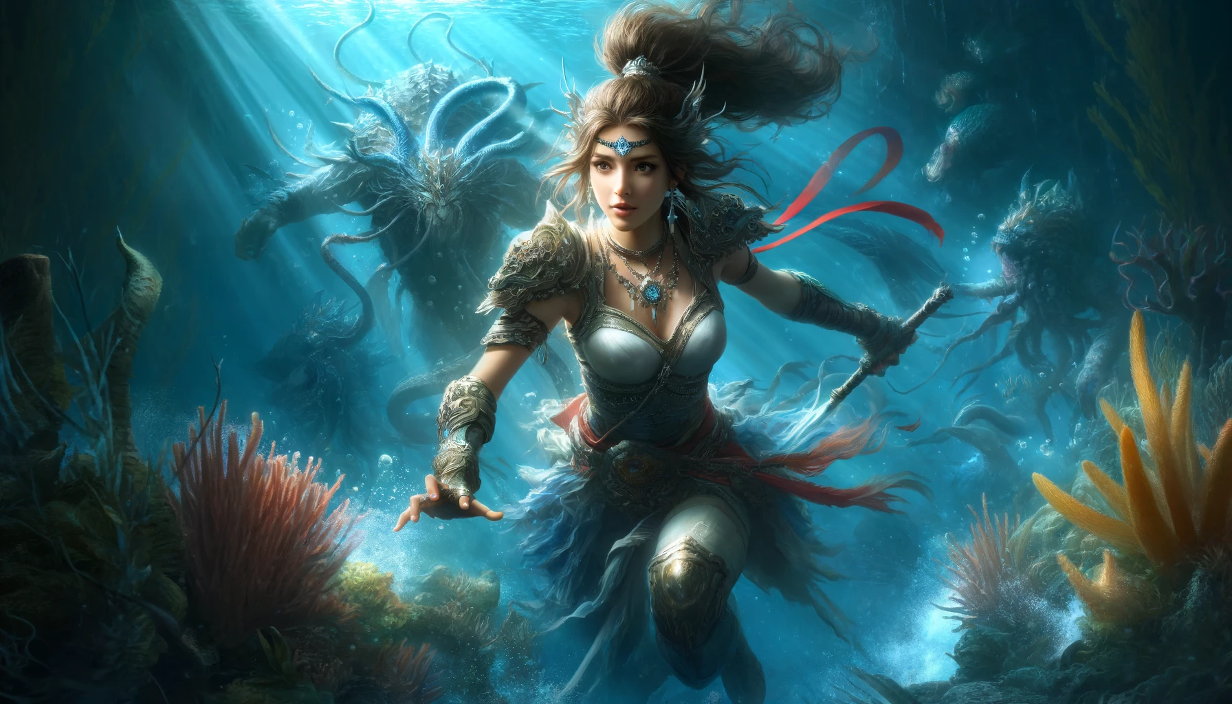 n Marvel Snap, Namora defends her underwater territory with grace and power, depicted in a highly realistic style against a backdrop of deep sea flora and fauna.
