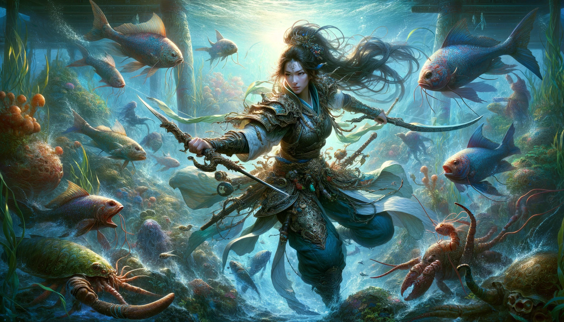 Namora is portrayed in full combat in Marvel Snap's underwater world, dynamically interacting with the marine environment, highlighted by rich colors and detailed textures.