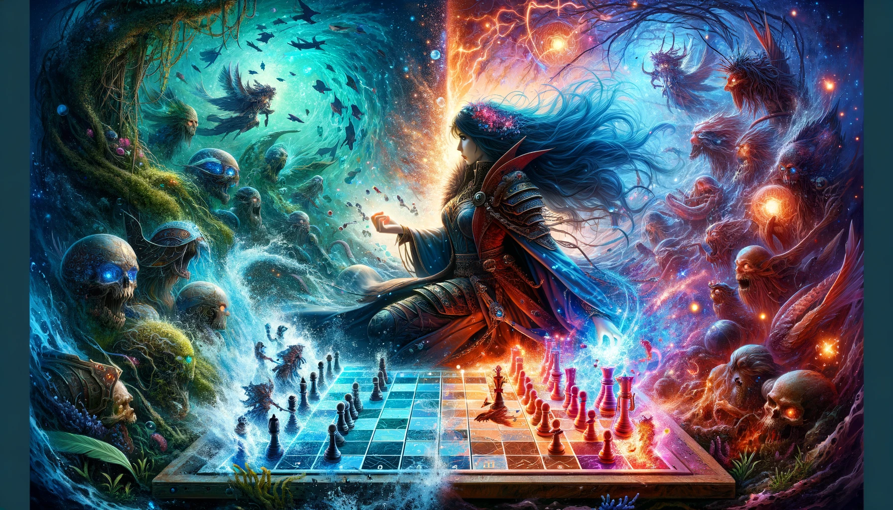 A warrior woman in an underwater setting plans her strategic moves in a Marvel Snap-like game scenario, surrounded by mystical energy and vivid marine life, merging strategic thought with fantastical elements.