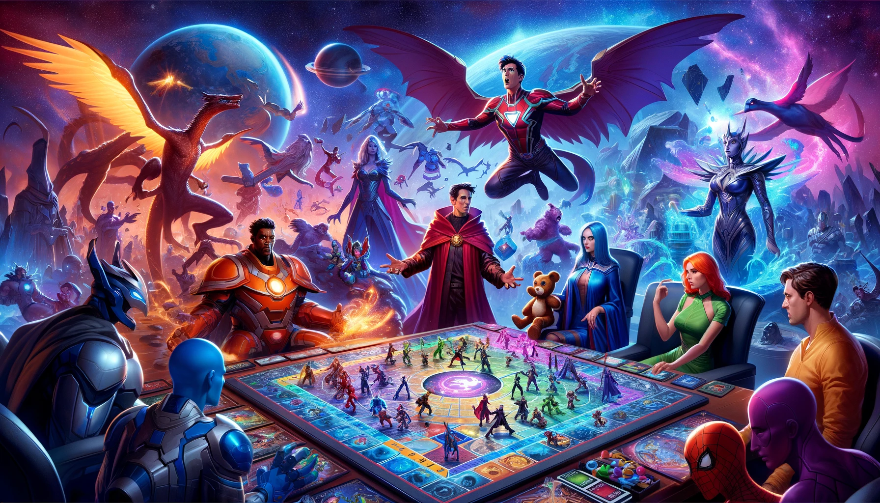 A vibrant, high-color-depth, wide-format image featuring characters from Marvel Snap's Pool 1 in a strategic board game setting. Characters are depicted in a mix of fantasy and sci-fi styles, engaged in strategic planning and dynamic poses against an imaginative, otherworldly background with futuristic and magical elements. Additionally, a newcomer looks around in awe at everything happening around them, appearing curious and fascinated.