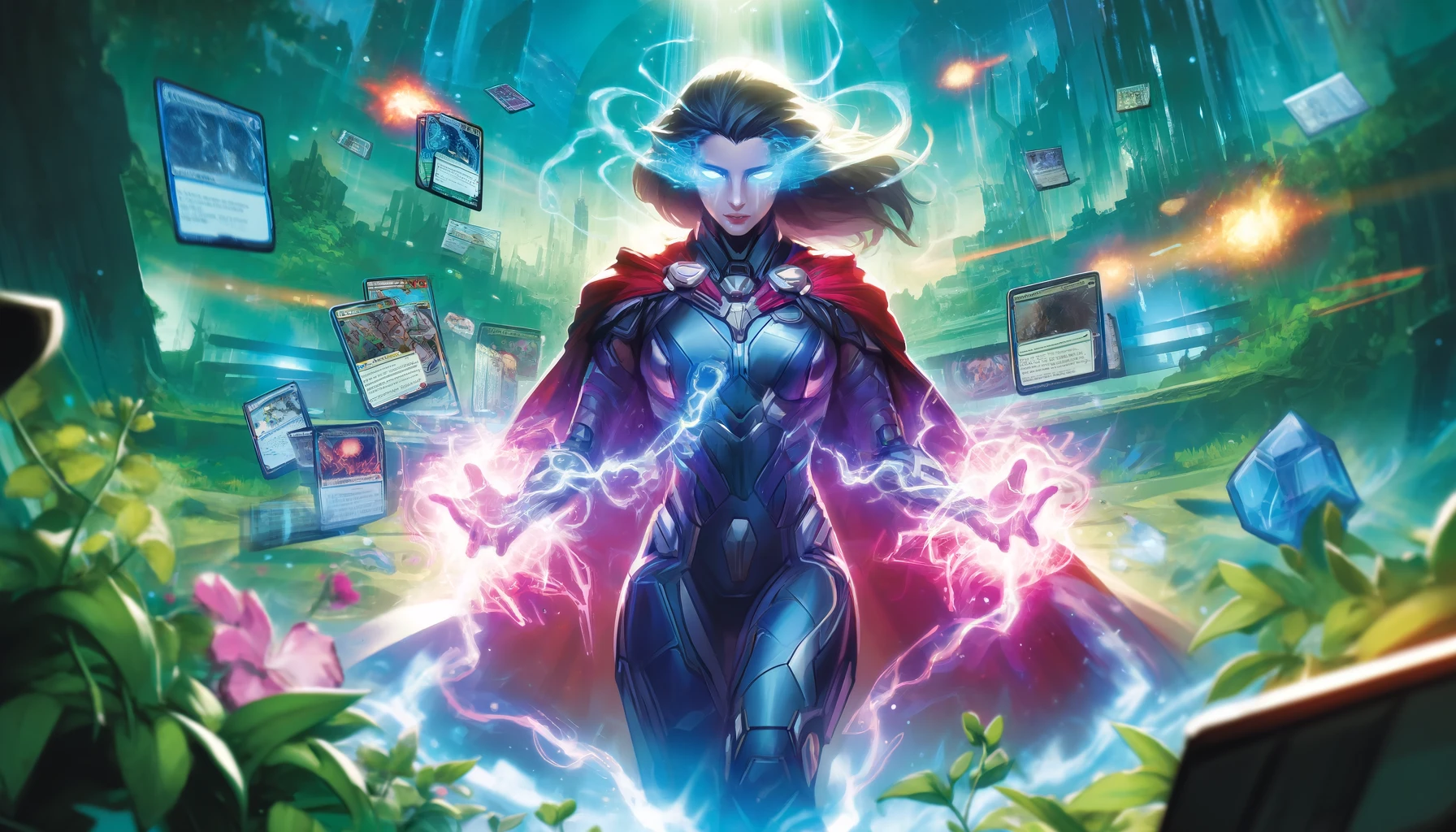 llustration of Nocturne in Marvel Snap casting her chaotic abilities with energy effects, depicted on a battlefield that blends a futuristic cityscape with a verdant forest. The image captures the vibrant and energetic essence of her power to shift game dynamics.