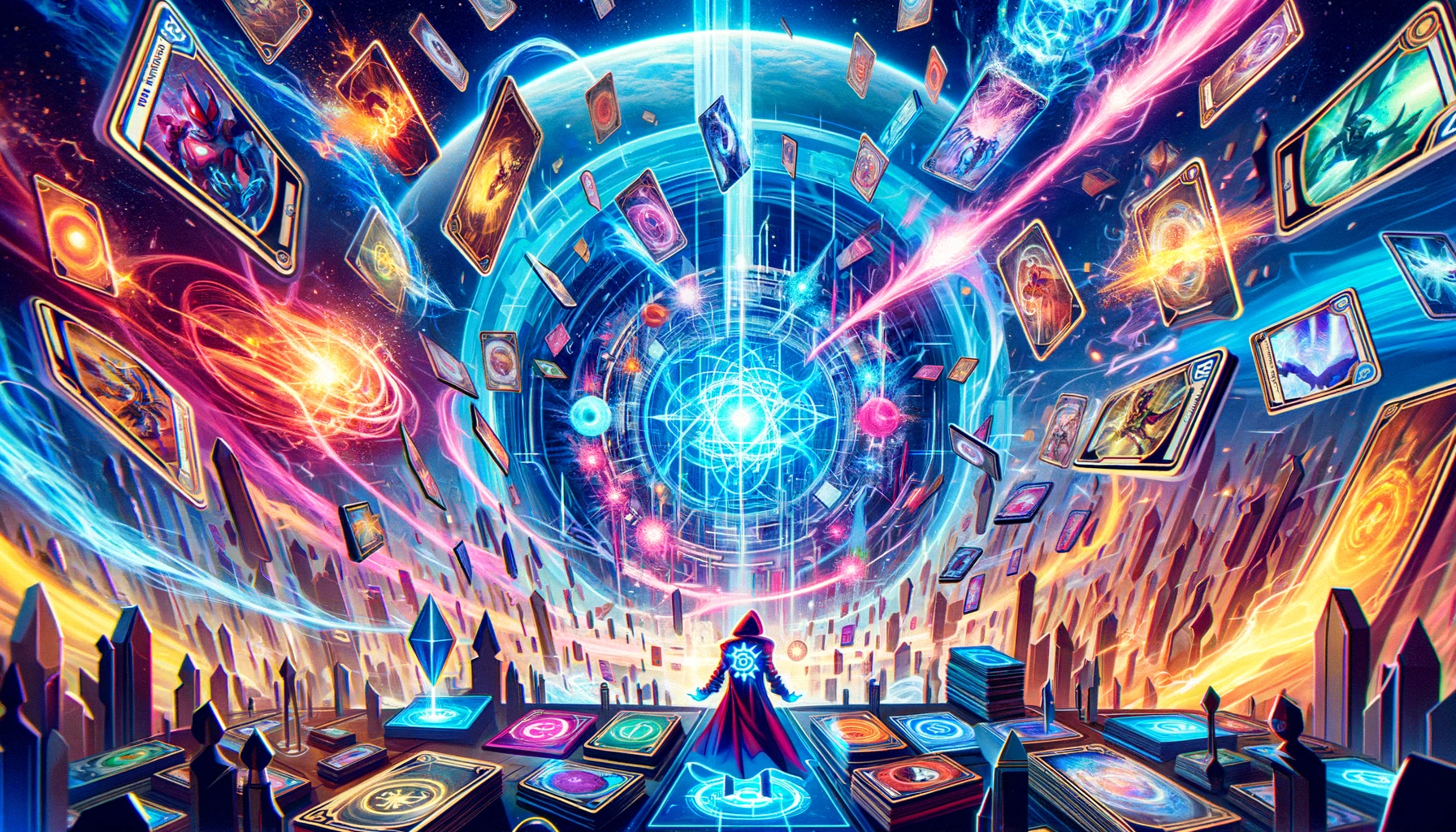 Strategic card battle scene set in Marvel Snap’s Panoptichron, with cards from various dimensions clashing amid portals and energy explosions.