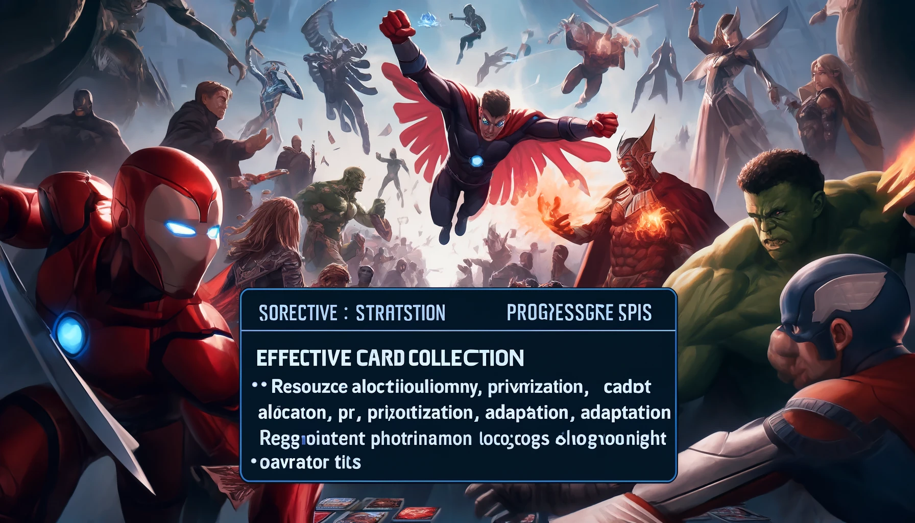 Superheroes and villains strategize with actions symbolizing resource allocation, prioritization, adaptation, and optimization for effective Marvel Snap card collection. Cards are secondary, while characters emphasize deck-building strategies.