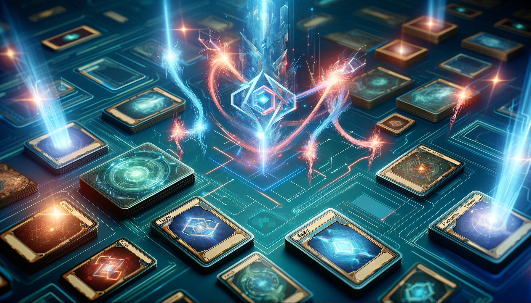 An illustration depicting the synergy of Marvel Snap cards on a futuristic, high-tech game table. Sage is shown interacting with cards like Iron Man and Black Panther, visually connected by glowing energy lines that highlight their strategic interplay.