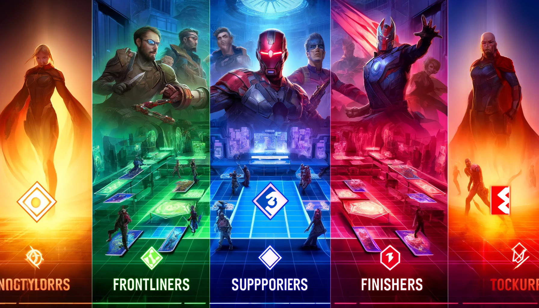 A wide-format image depicting the strategic roles of cards in Marvel Snap, featuring three distinct zones: Frontliners in combat-ready poses, Supporters with strategic abilities, and Finishers in victorious actions, all set in a futuristic, vibrant setting.