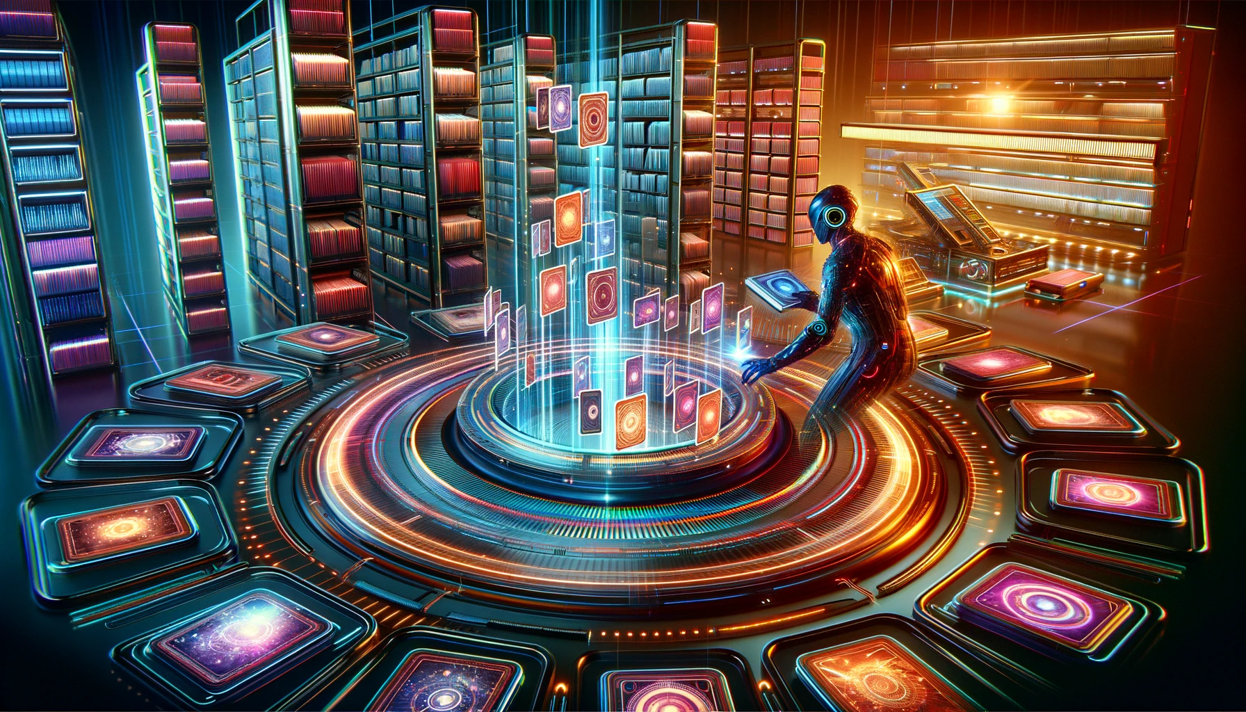 A wide-format image showcasing a futuristic figure strategically selecting cards from a high-tech archive, with vibrant holographic displays and glowing card columns in a control room setting.
