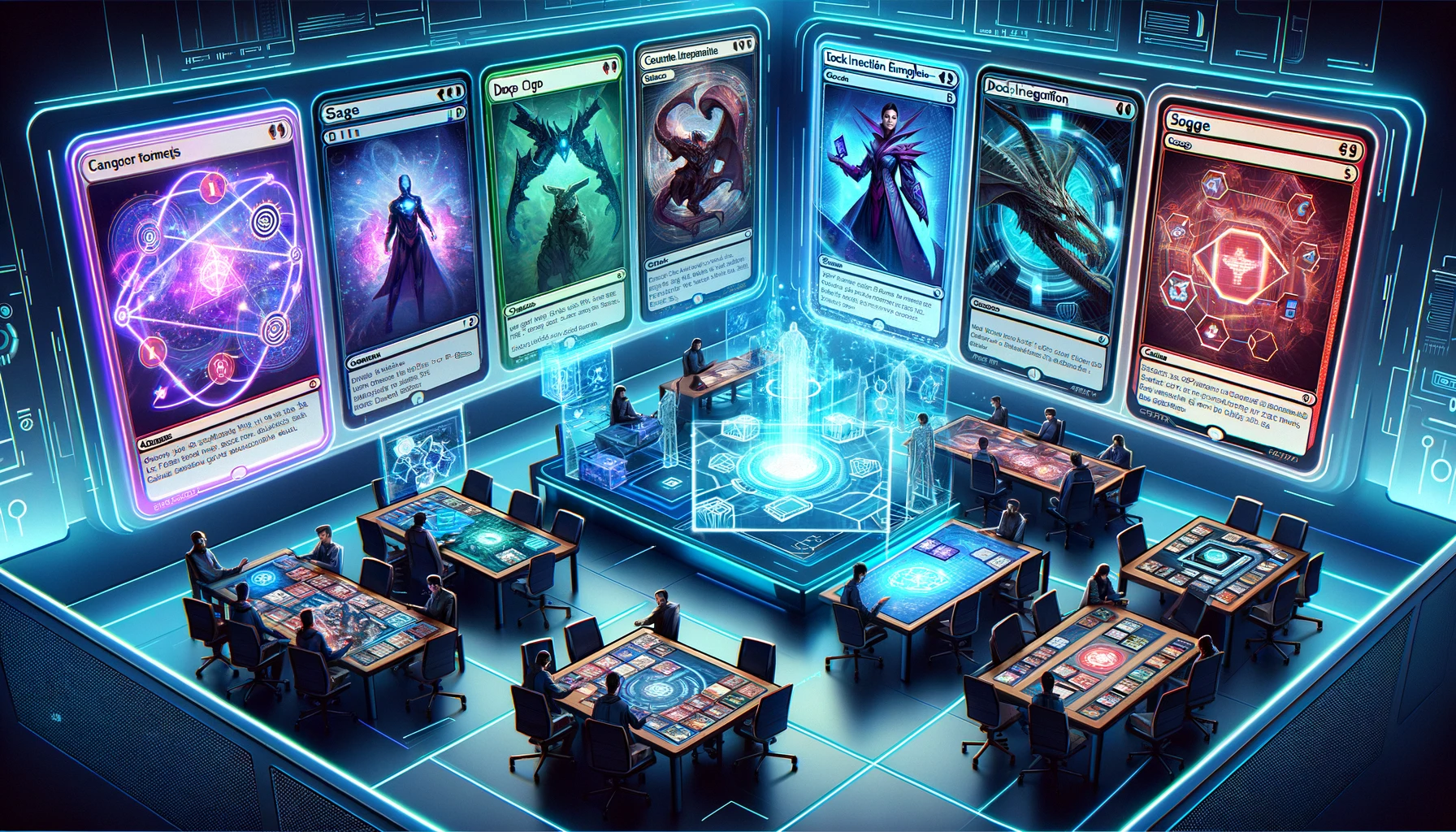 An illustration of a futuristic strategy room where various Marvel Snap decks are being analyzed. Strategists interact with large digital displays and holographic projections of cards, emphasizing the deep analysis and integration of strategic decks in a high-tech environment.