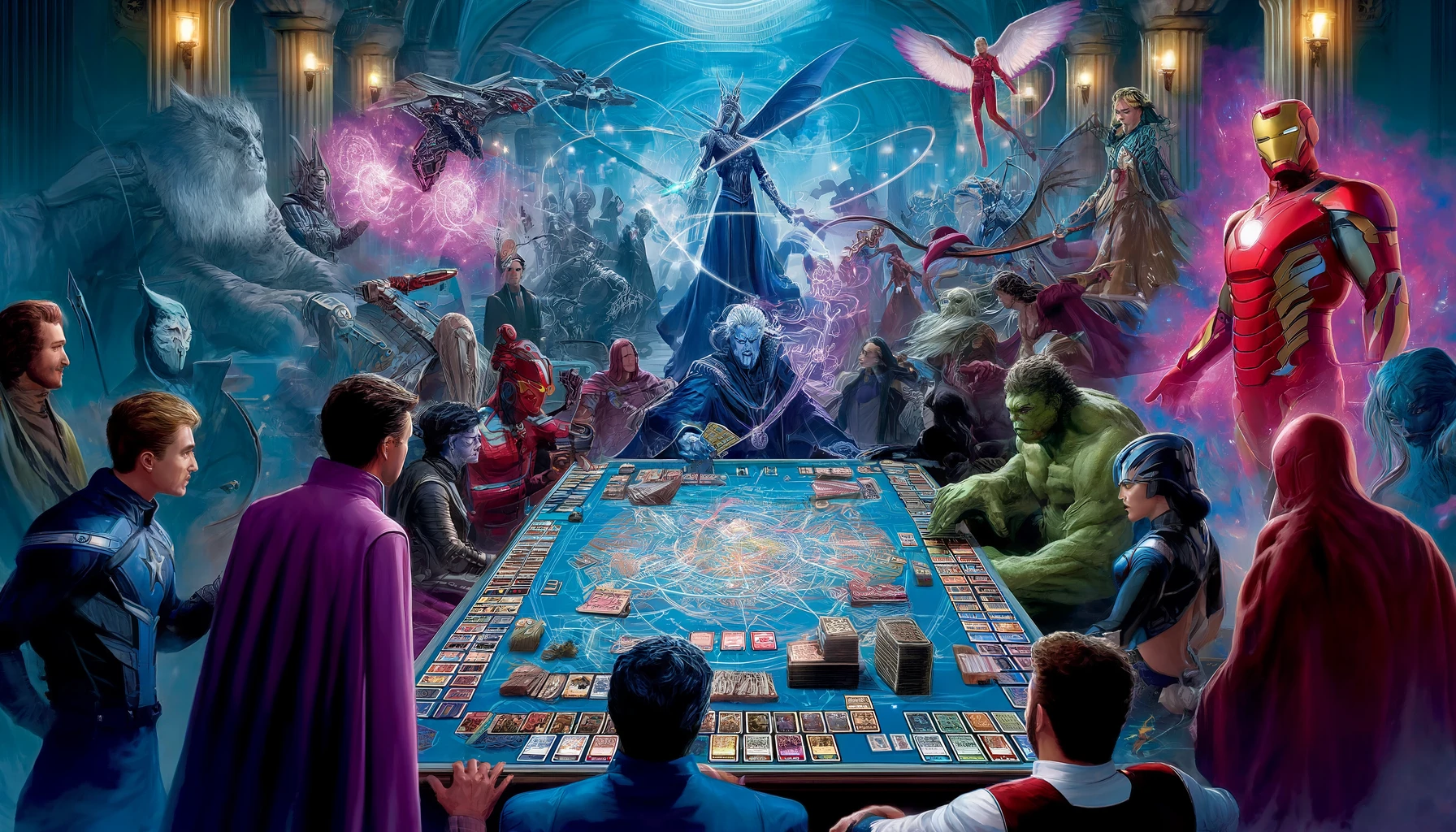 A vibrant, high-color-depth, wide-format image featuring characters from Marvel Snap's Pool 1 in a strategic board game setting. Characters are depicted in a mix of fantasy and sci-fi styles, engaged in strategic planning and dynamic poses against an imaginative, otherworldly background with futuristic and magical elements.