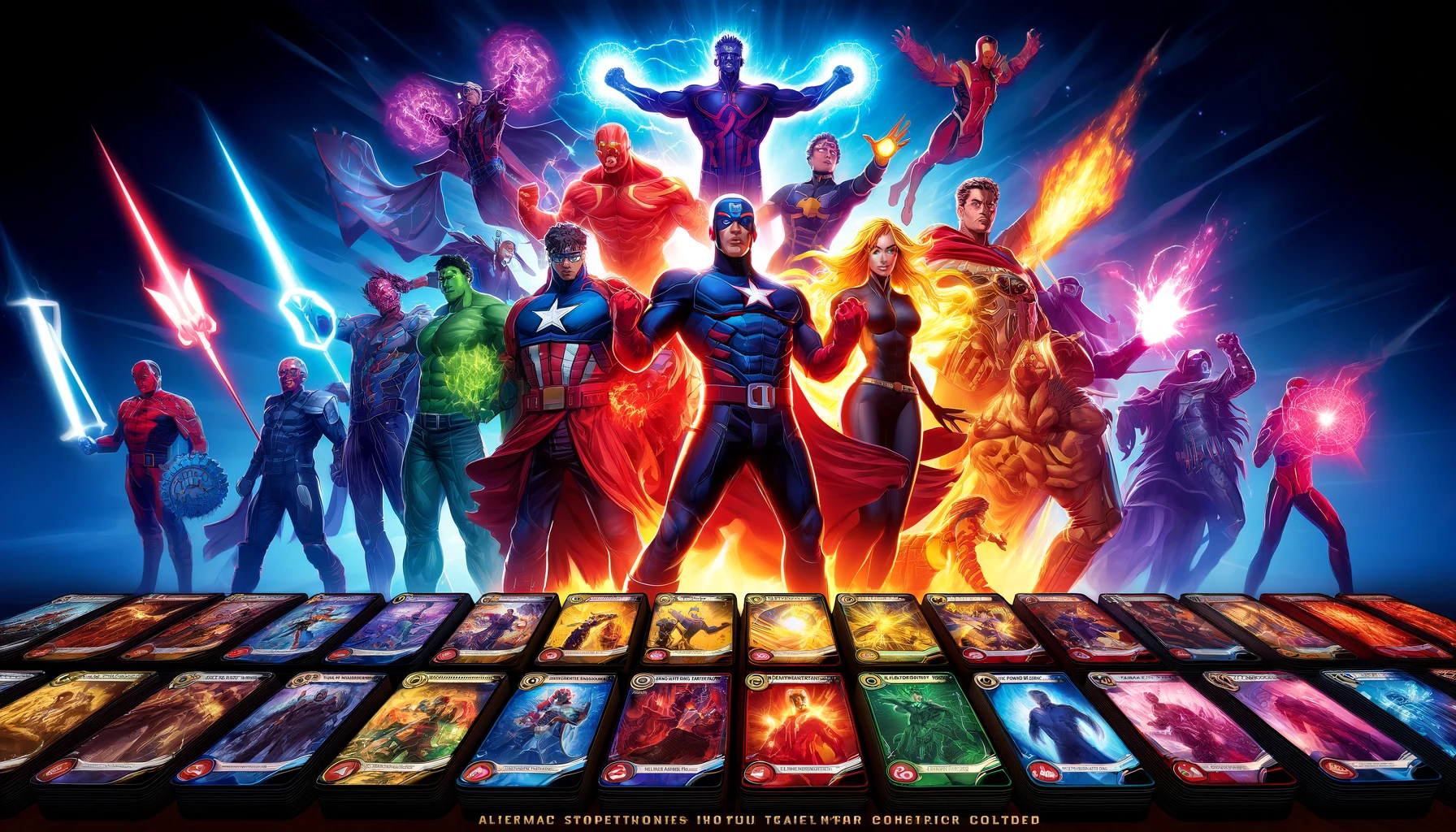 Superheroes and villains stand triumphantly, glowing with energy and surrounded by Marvel cards in vivid colors, symbolizing a perfect card collection and deck. The scene conveys strategic mastery and success, highlighting the player's progress and accomplishments.