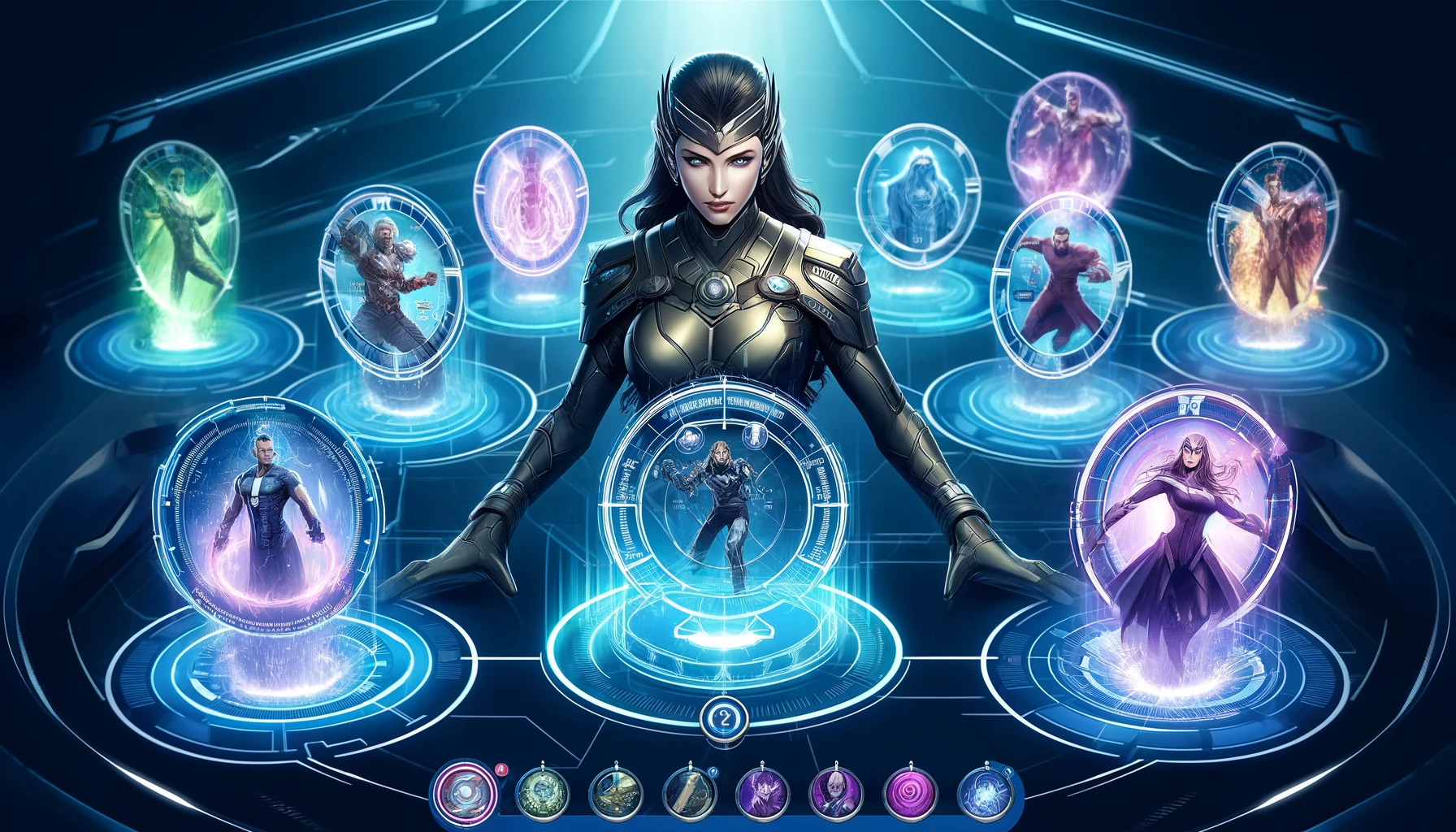 Nocturne is depicted in a high-tech lab with holographic interfaces showing Odin and Wave, highlighting her strategic combinations with other Marvel Snap cards and emphasizing tactical gameplay.