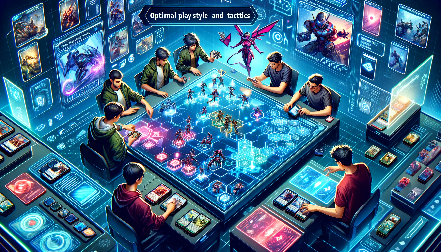 A vibrant illustration showing a dynamic strategy session in Marvel Snap. Players engage in a high-energy game, deploying cards with strategic precision. The scene includes digital maps and interactive holographic interfaces, highlighting the tactical depth of gameplay in a futuristic setting.