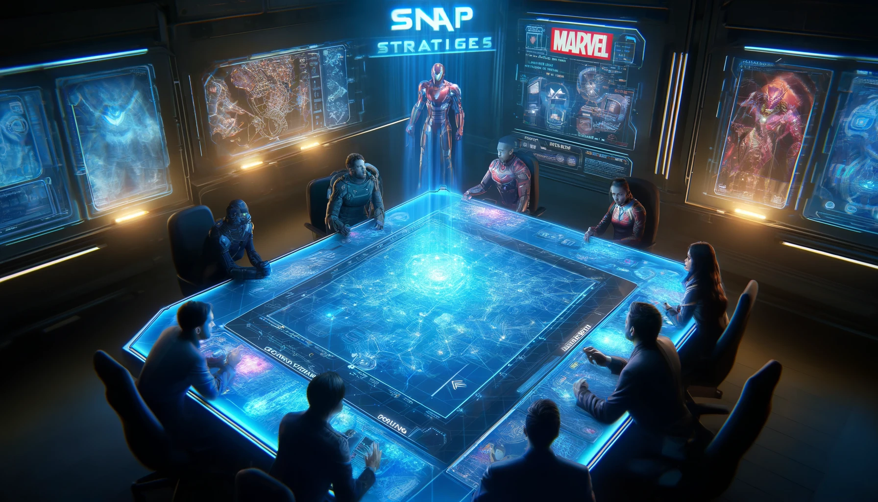A group of strategists gathers around a futuristic, glowing digital map table in a high-tech environment, discussing Marvel Snap card placements and strategies, emphasizing deep strategic planning and collaboration.