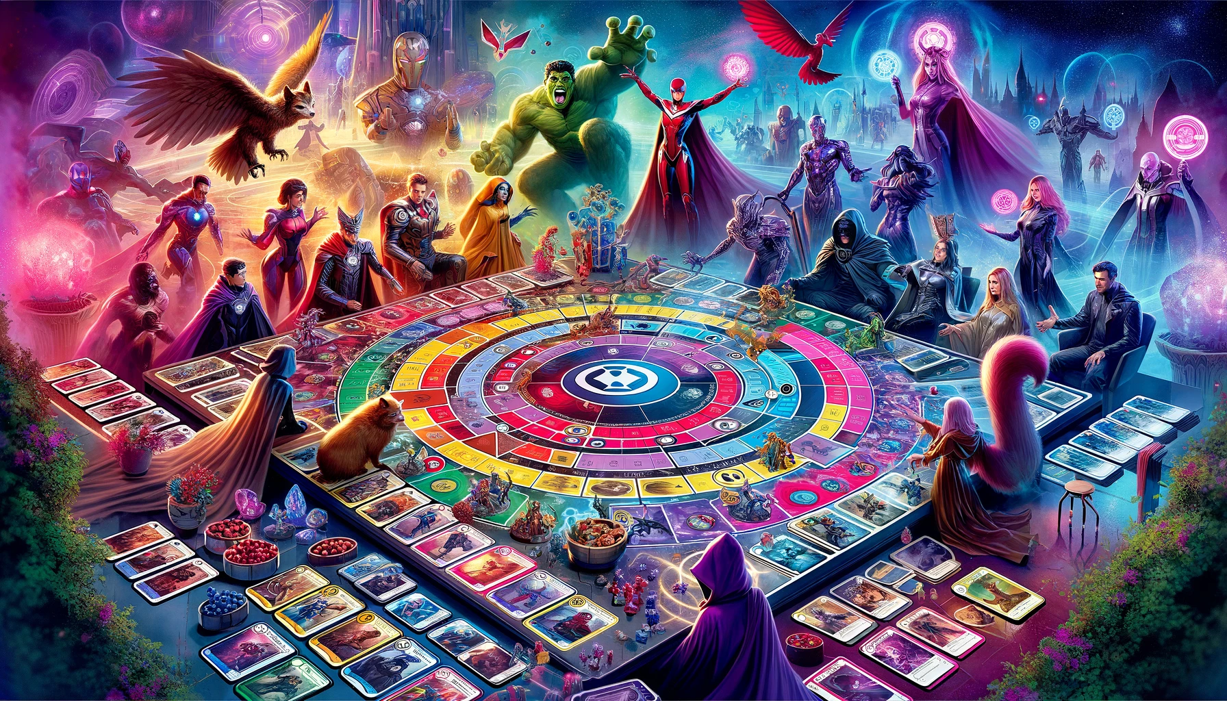 A vivid image of the gaming table and the surrounding players and fans. Cards are laid out on the table, and a selection of combinations is organized in the center.