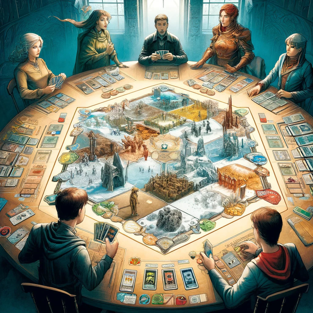 A gaming table showing the vibrant landscape of a strategy game surrounded by players.