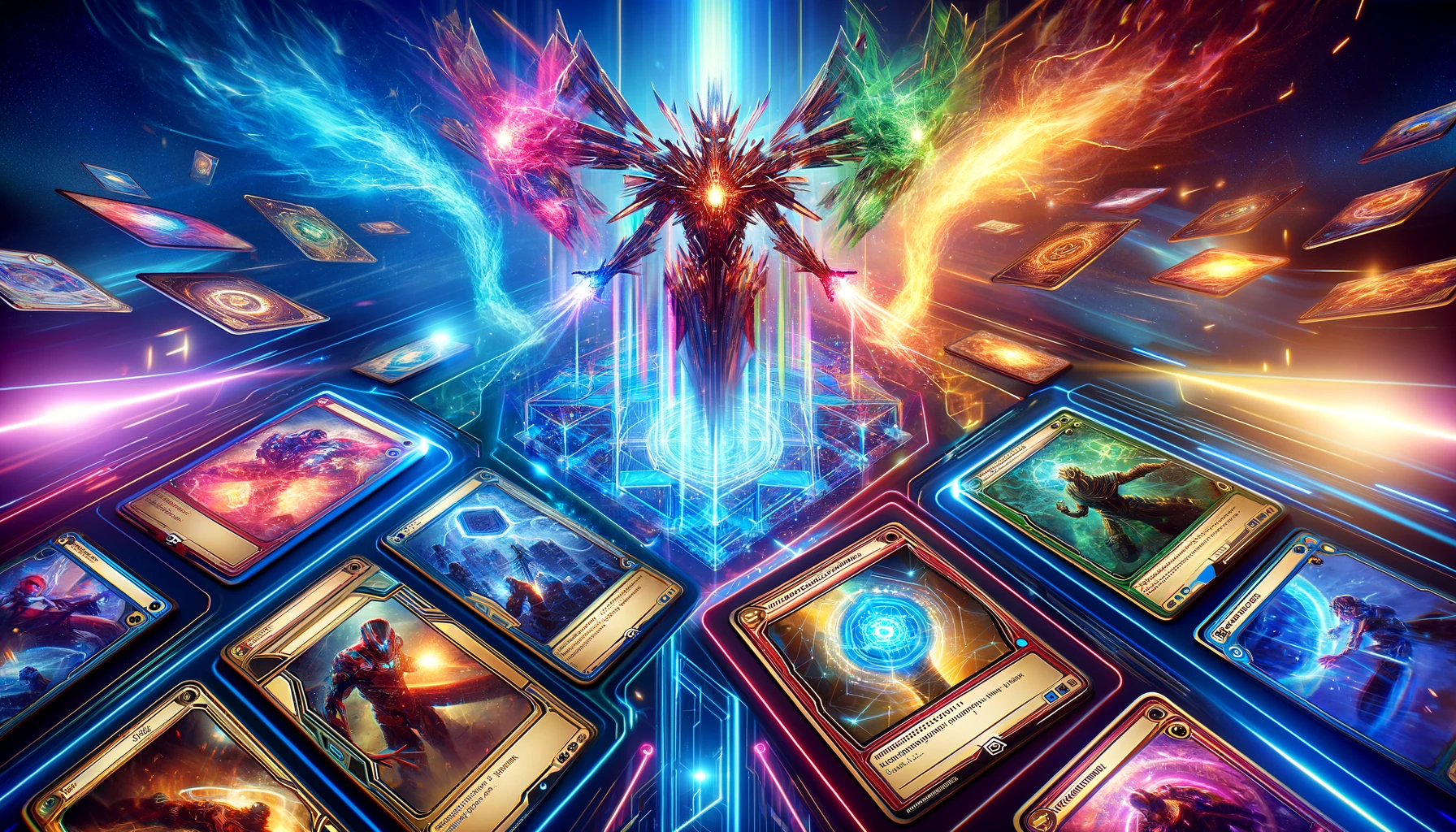 A dynamic illustration of powerful Marvel Snap cards synergizing in a futuristic gaming arena, depicting a winning combination.