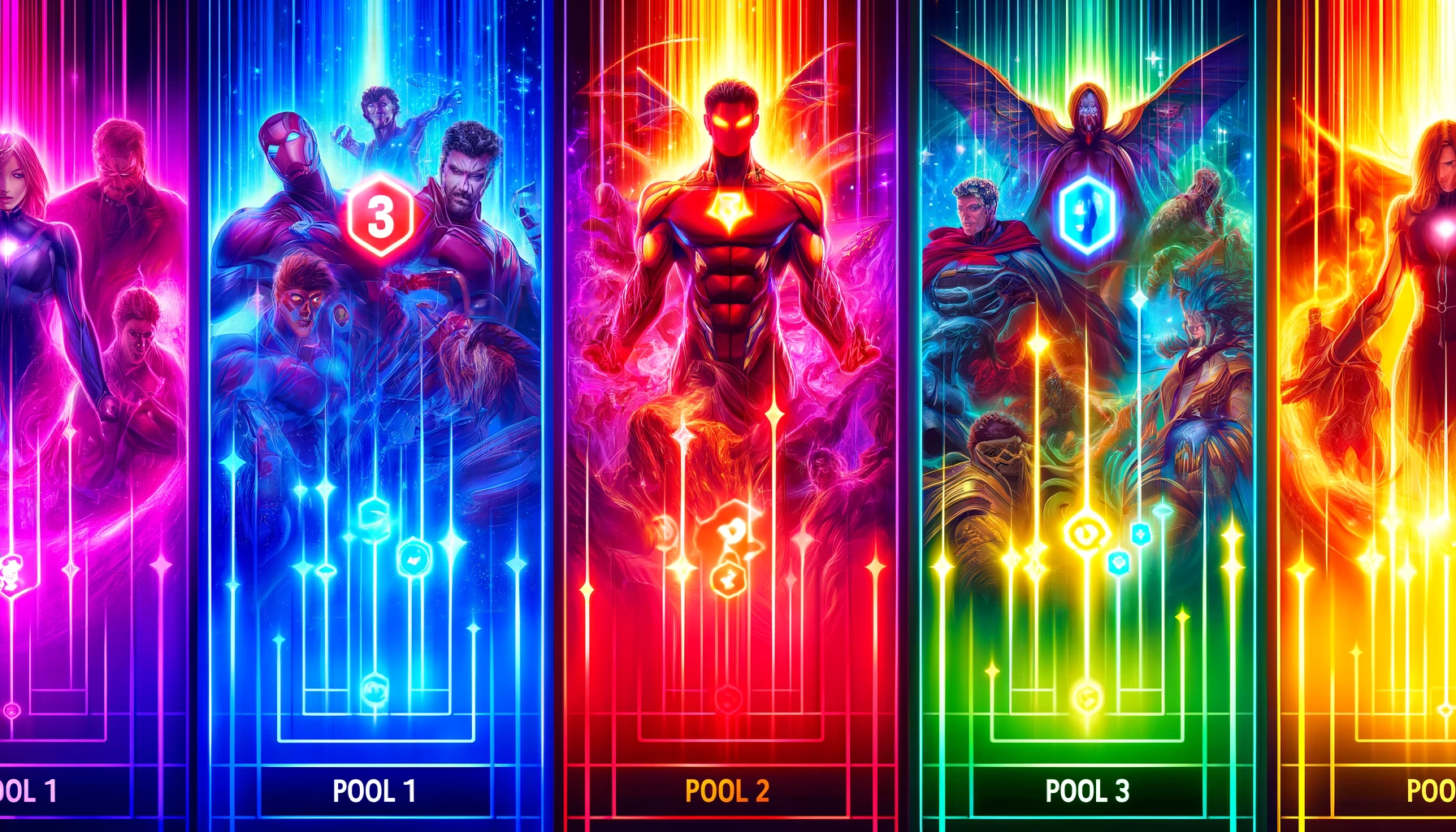 A colorful wide-format image showing Marvel Snap card pools and rarities. Cards glow in vivid hues, grouped into Pool 1, Pool 2, and Pool 3, with superheroes and villains featured. Visual indicators highlight progression from Common to Infinity.