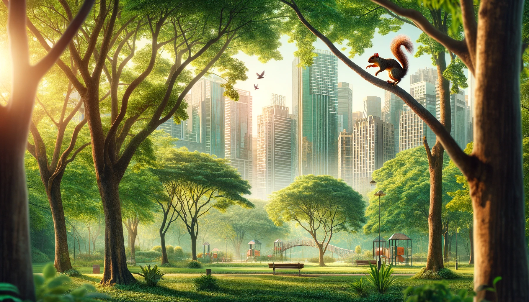 A realistic depiction of an urban park with vibrant greenery and tall buildings visible through the tree canopies. A small squirrel is seen leaping from branch to branch, adding life to the serene scene.