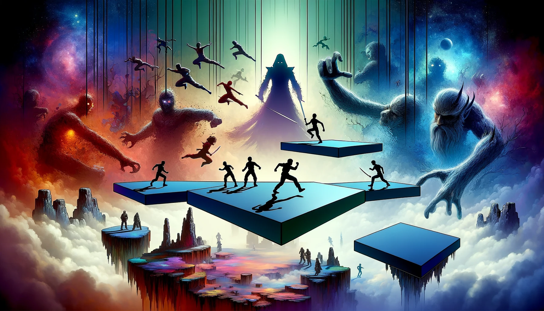 Image showing three flat horizontal platforms suspended in space with character figurines in various dynamic poses. Behind the platforms, a mysterious, misty silhouette of a dominant player looms over the scene in a colorful and detailed space.