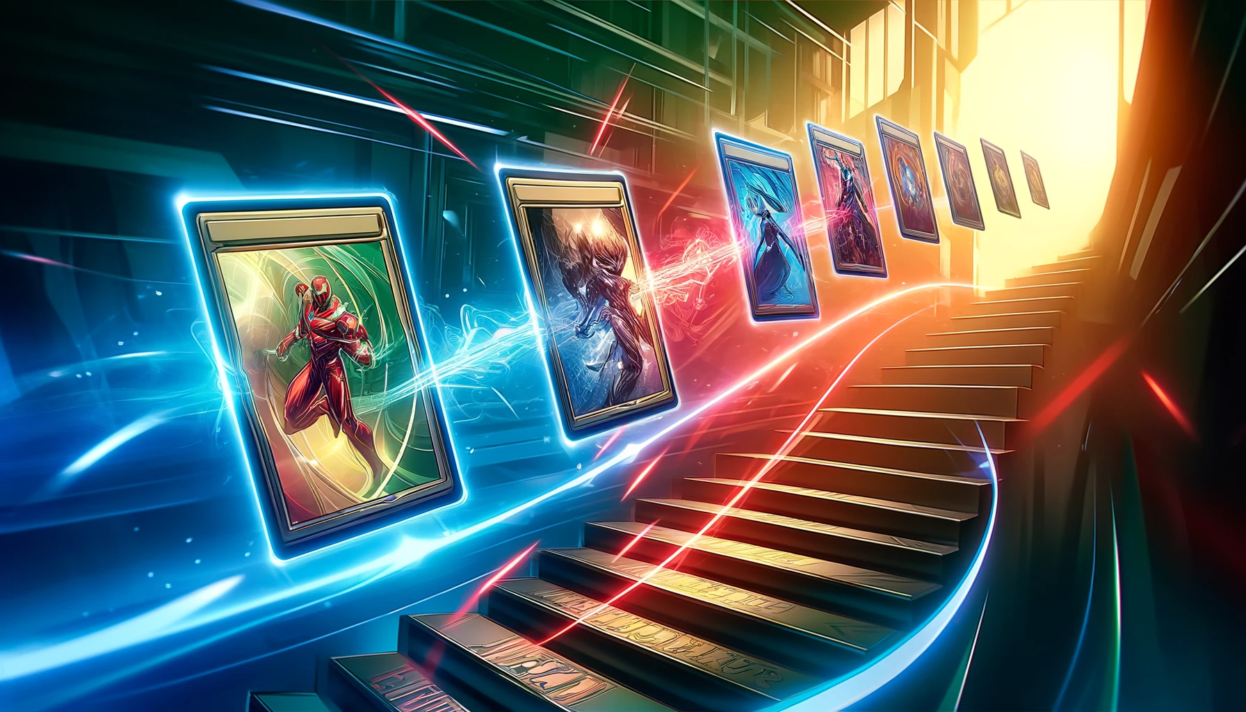 A dynamic illustration depicting cards descending steps, symbolizing the transition to a lower tier in Marvel Snap.