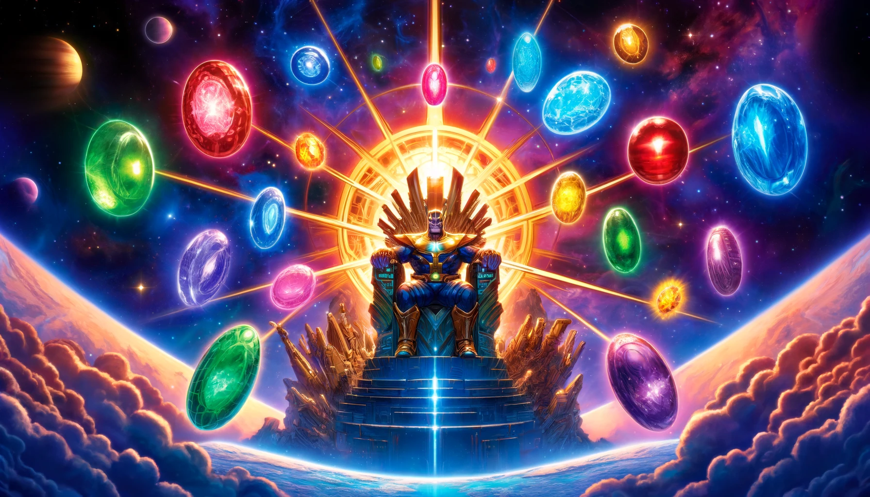 A detailed illustration featuring the Infinity Stones embedded in a celestial throne, glowing brightly against a cosmic space filled with stars and nebulae.