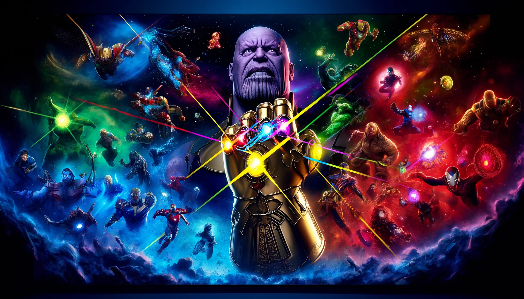 A vibrant illustration showing all the Infinity Stones together, their powers combined, creating a dynamic visual effect against a cosmic background.