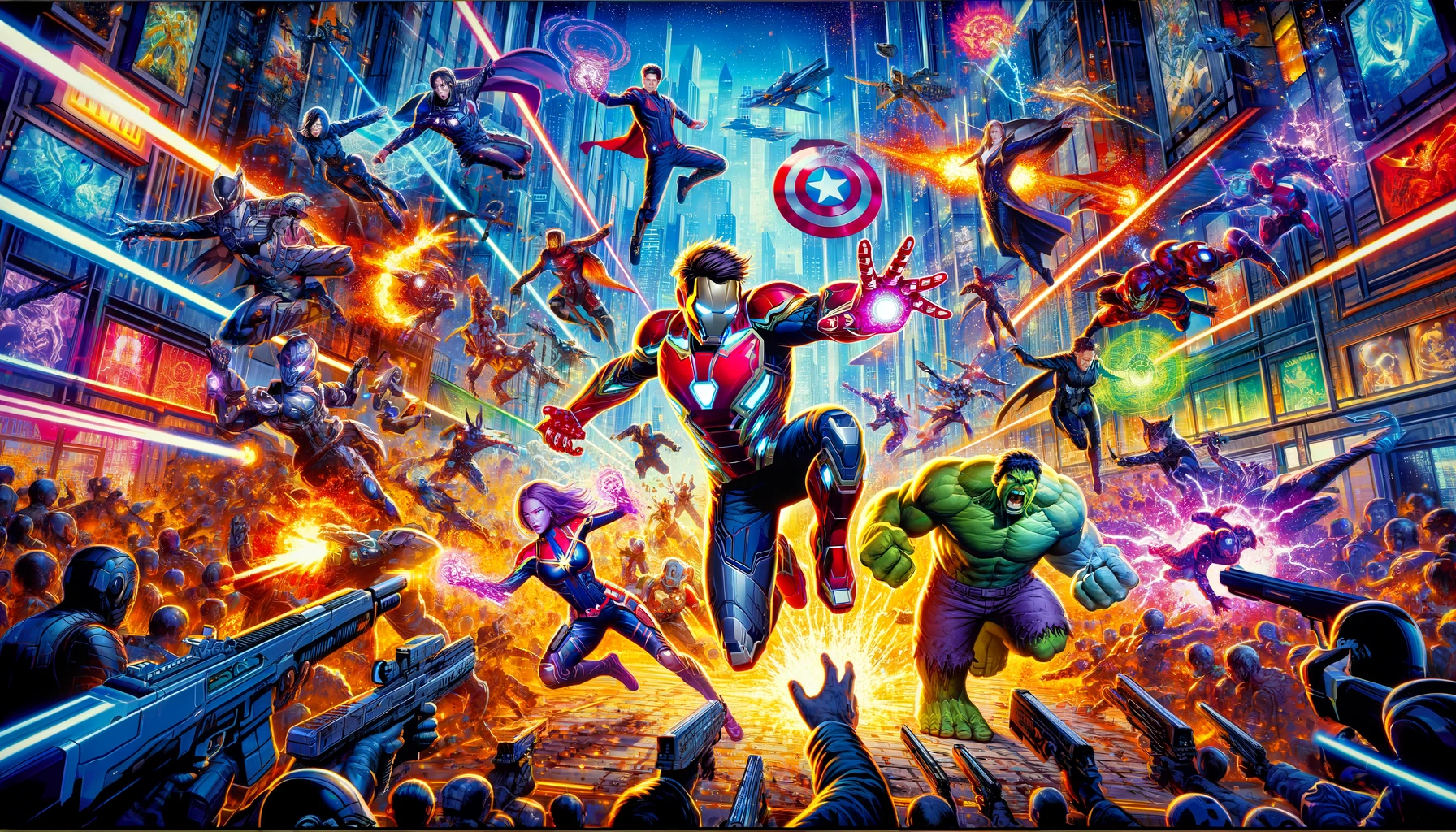 A vibrant and detailed illustration of a dynamic battle scene in Marvel Snap, featuring various Marvel characters in action against a futuristic cityscape with towering buildings and neon lights.